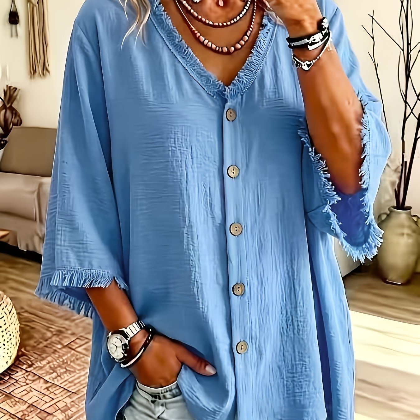 TEMU Haut à franges grande taille pour femme, Blouse décontractée à manches mi-longues, Chemise respirante unie à ourlet , Haut polyvalent de tous
