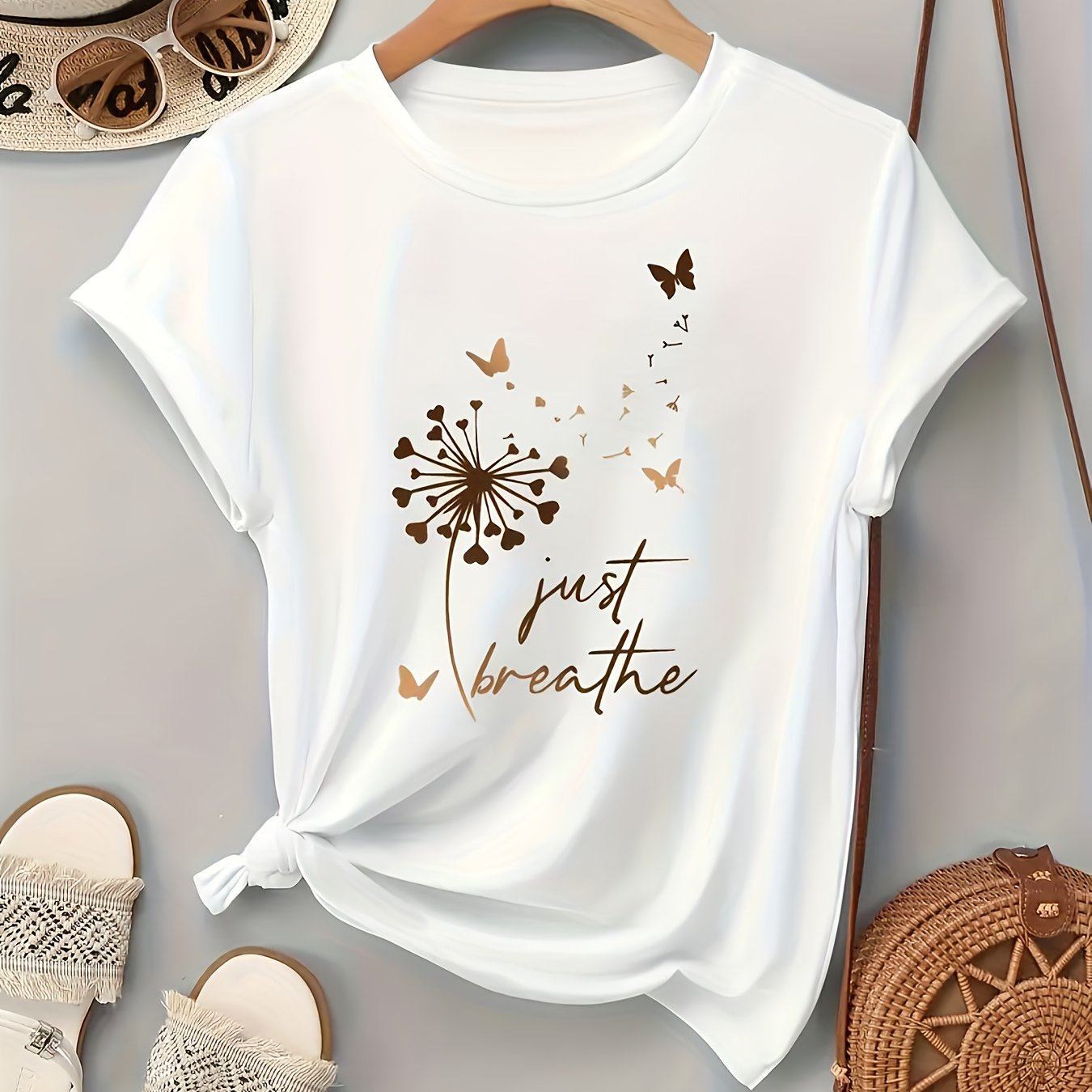 TEMU Elegant Women's Blouse, Artistic Dandelion And Print - Round Neck Short-sleeved Casual Top, Natural , Comfortable, Stylish, Easy, Elegant