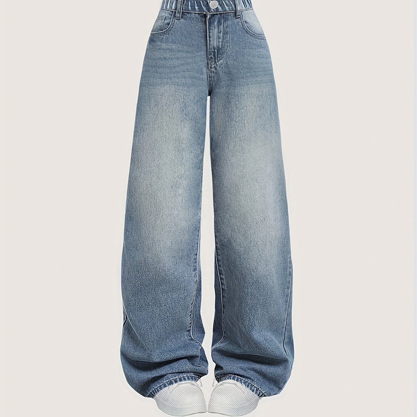 Image of Girls' Y2k Style Vintage Washed Blue Loose-fit Wide-leg Jeans, Versatile Casual Pants, A Must-have For Trendy Outfits, Suitable For Occasions
