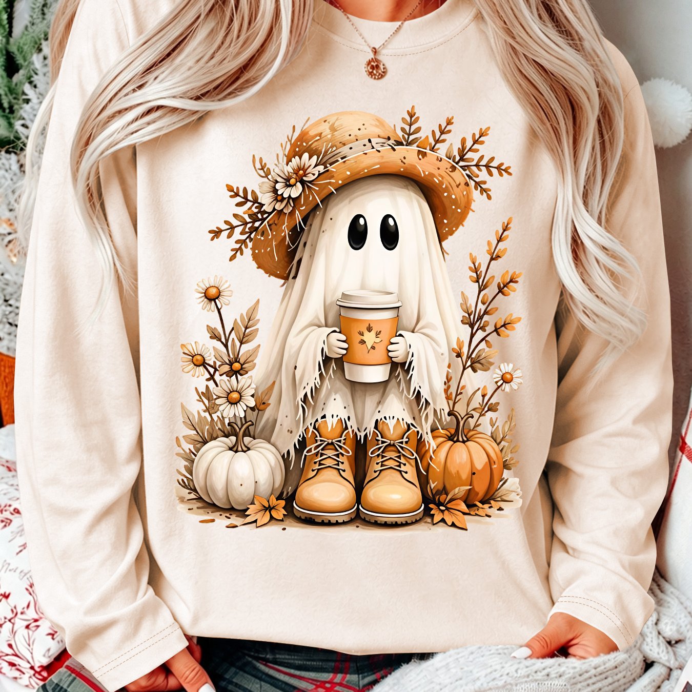 TEMU [Tenue Festive d'Halloween] Cadeau de Fête pour Femmes, Chapeau de Paille Boire du Café et Imprimé de Bottes de Citrouille T-Shirt à Manches
