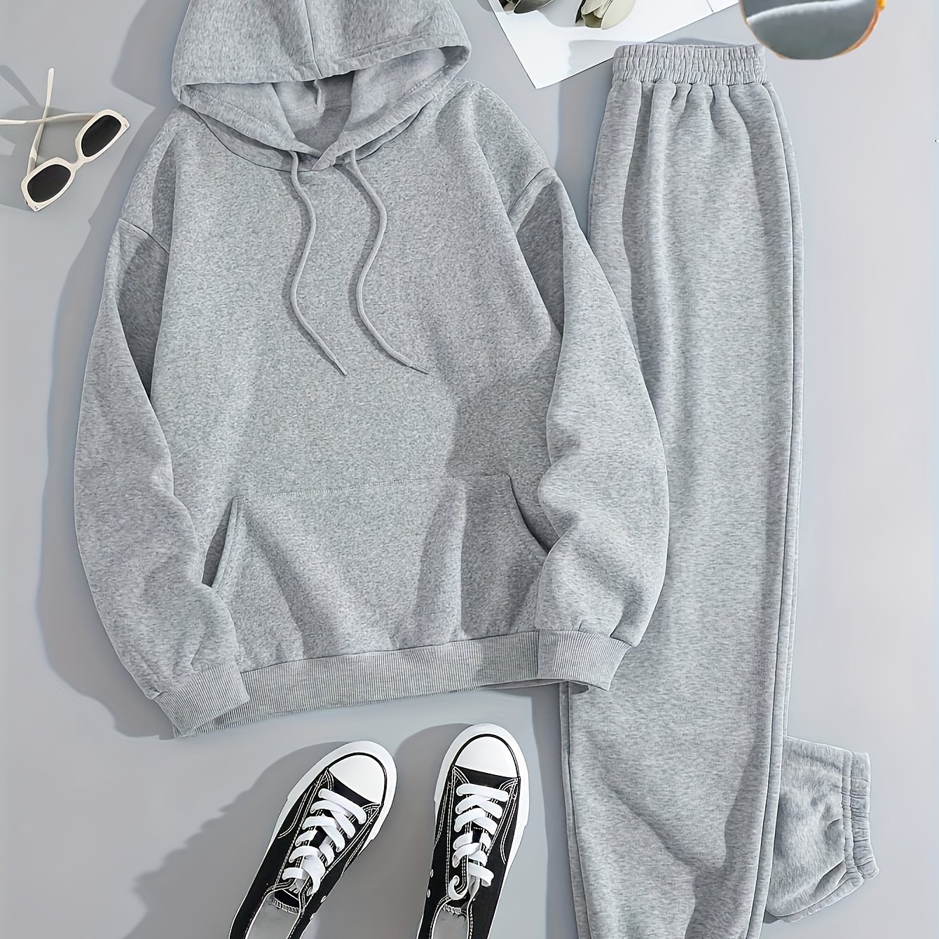 TEMU Plush Lined Hoodie And Sweatpants Set For Women, Kangaroo Pocket Drawstring Hooded Sweatshirt With Matching Joggers, Winter Loungewear Tracksuit, Casual Sporty Outfit