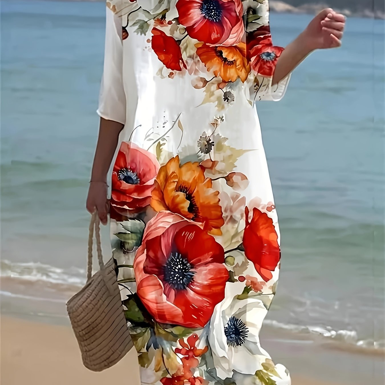 Image of Plus Size - Plus Size - Fashion Women's Long Sleeve Loose Dress, Women's Floral Dress, Round Neck Party Gown, Elegant Robe