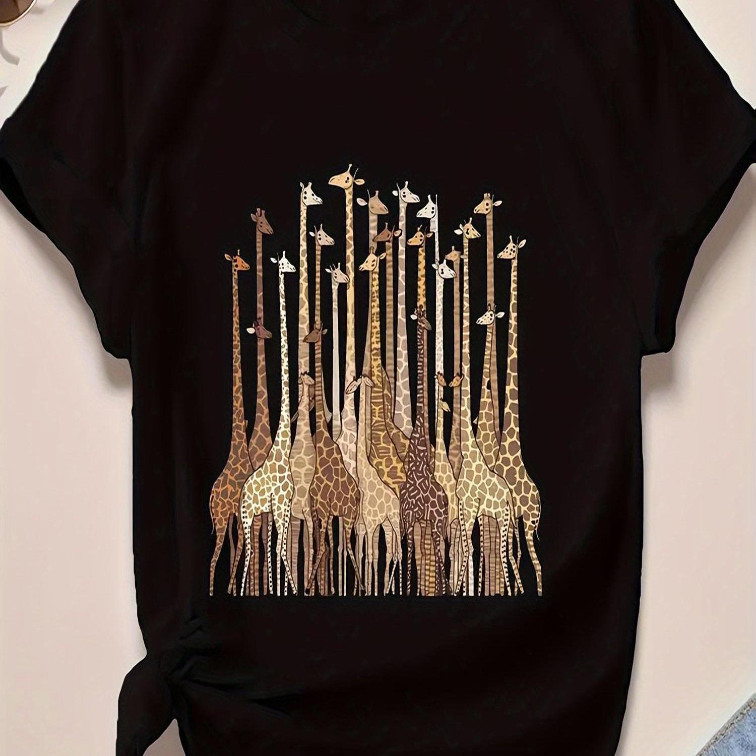 TEMU Women's With Golden Giraffe Print - Casual Short Sleeve Round Neck Tee, Machine Washable , 180gsm Lightweight Fabric For, & Casual Attire,