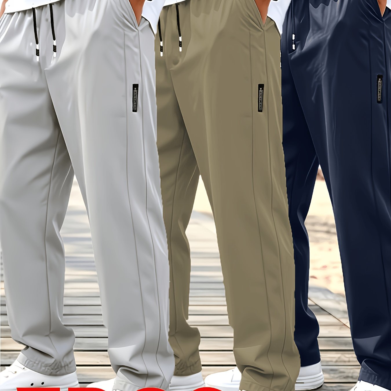 TEMU 3-pcs Men's Fiber Fabric Quick-dry Long Pants, Adjustable Drawstring Waist With Side Pockets, Smooth Texture, , Multiple Color Combinations -