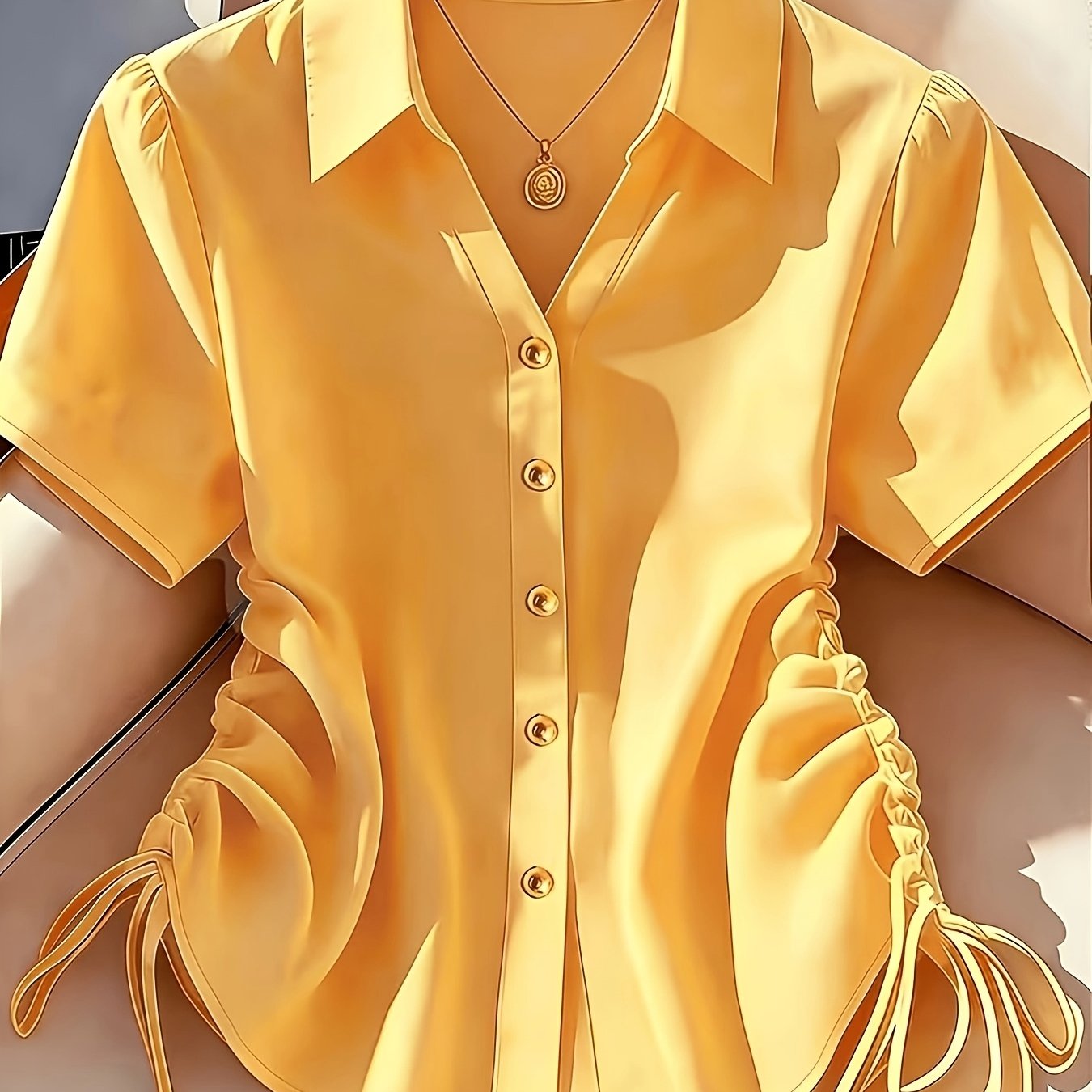 TEMU New Women's Top, Solid Color Short Sleeve Casual Shirt With Side Drawstring, Casual And Elegant Women's Blouse, Suitable For Commuting, , And