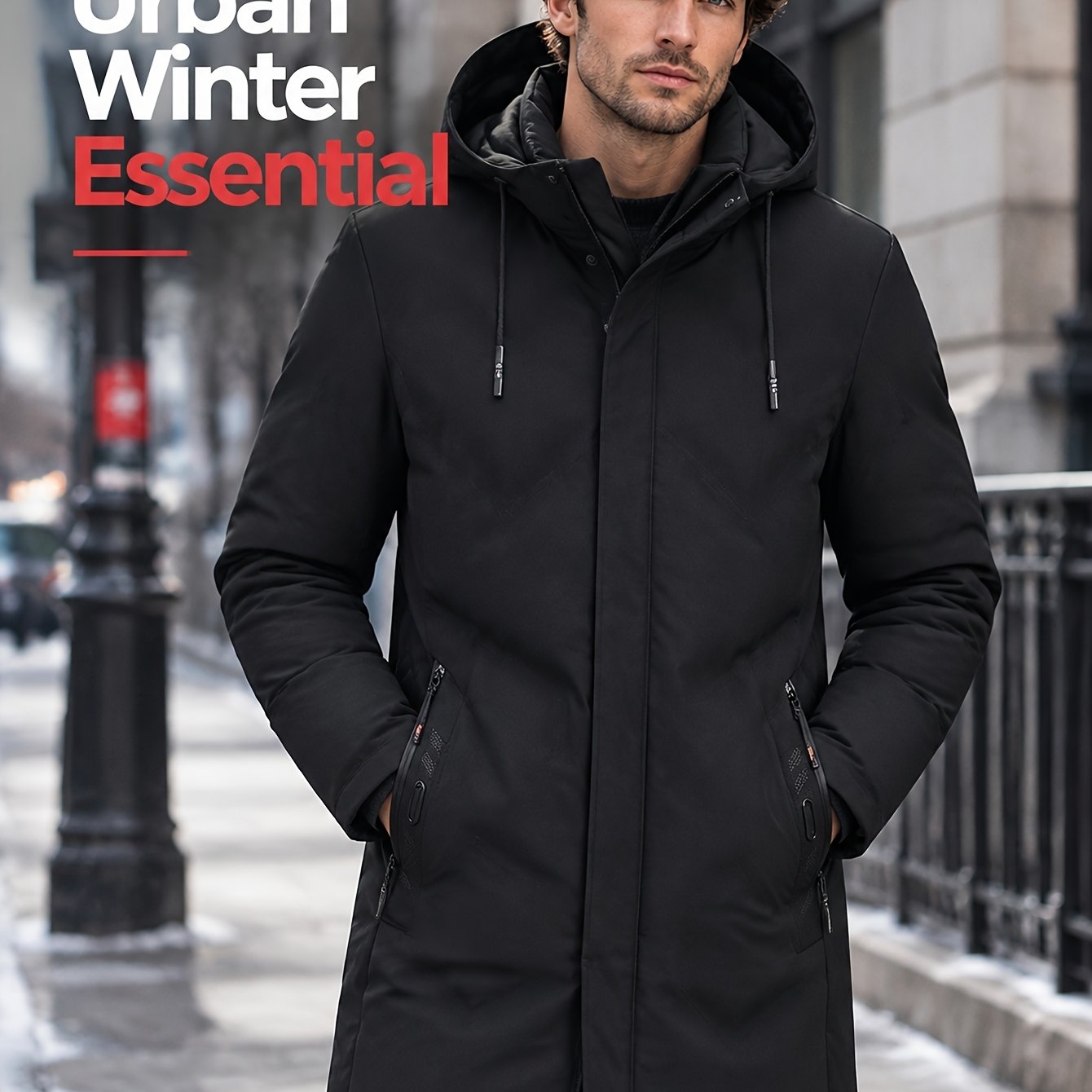 Image of Men's Mid-length Hooded Padded Jacket, Urban Winter Casual Thickened Warm Coat