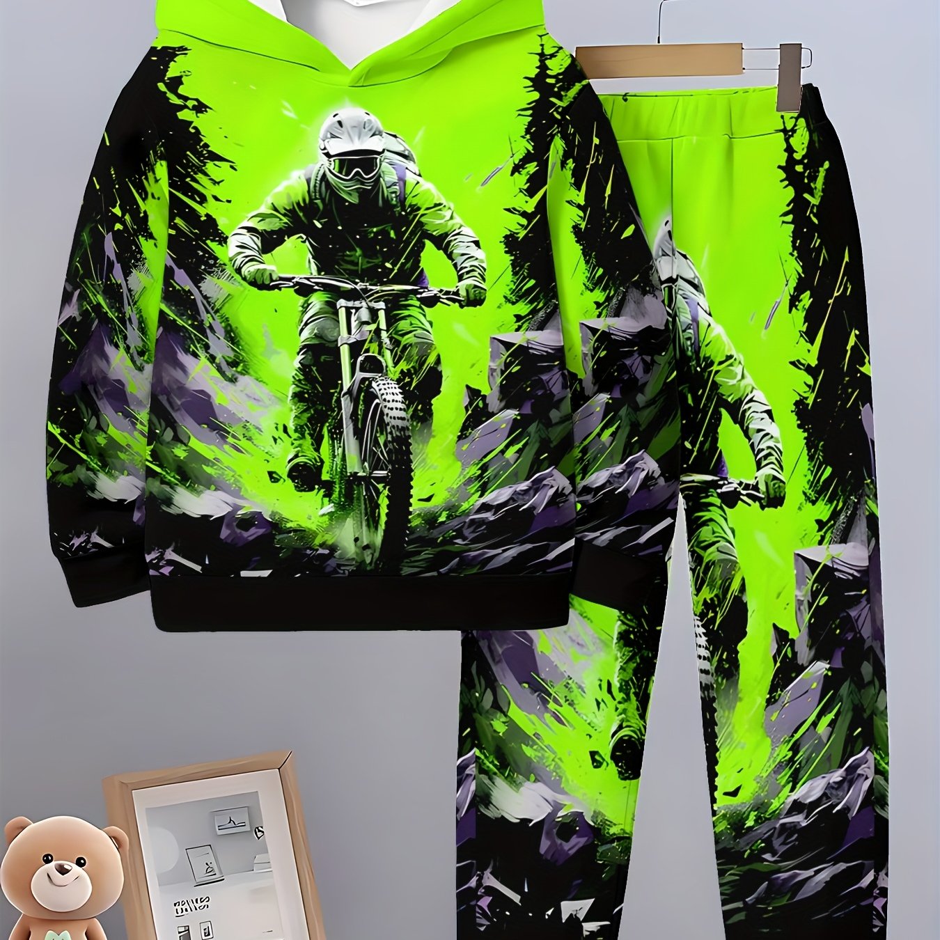 Boys' Printed Casual Hoodie Set For Spring And Autumn, Long Sleevesportswear, Boys" Outdoor Hoodie Set, Perfect For Outdoor