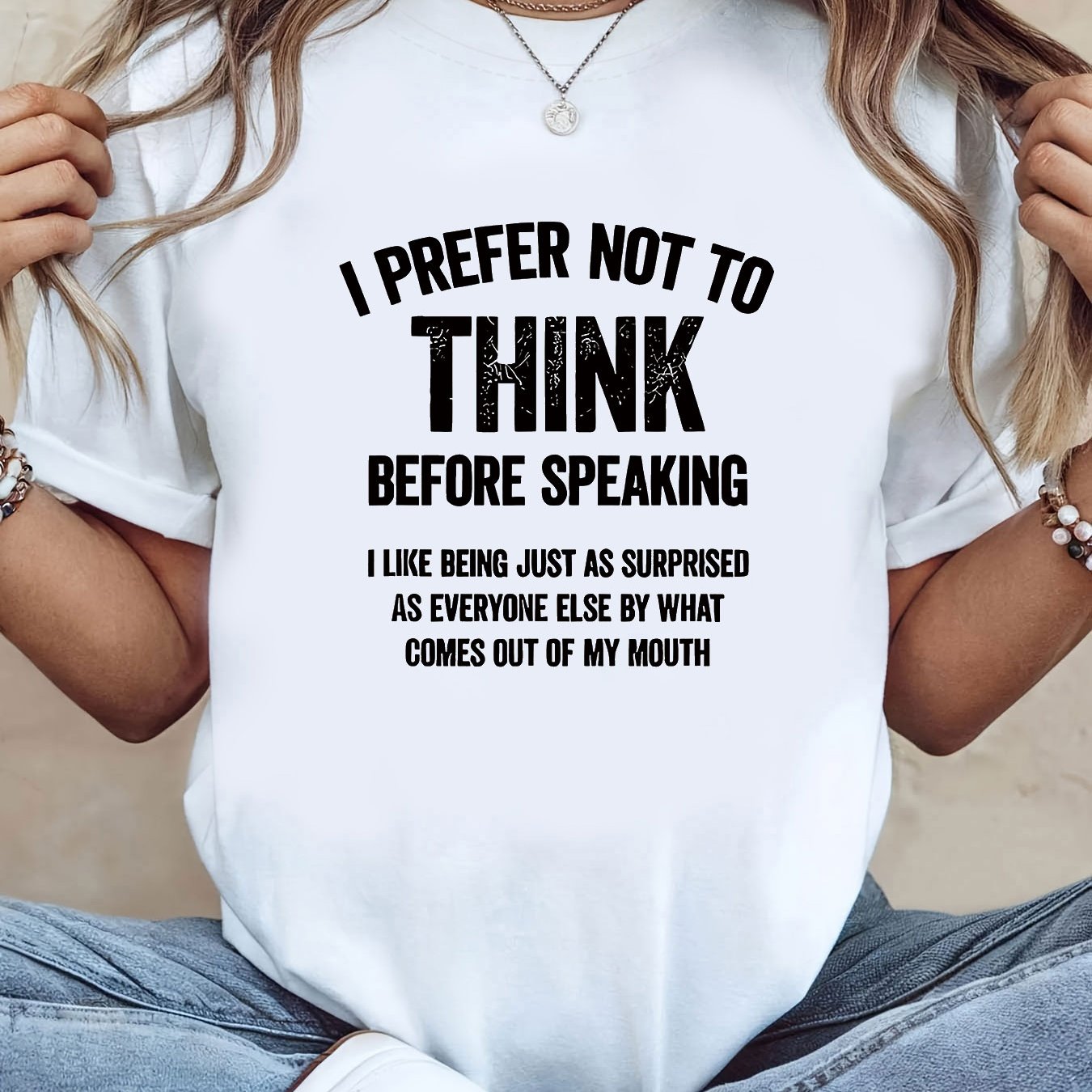 TEMU Plus Size, Women's Plus Size Funny Quote T-shirt - " Not To For Before Speaking" Slogan Print Crew Neck Short Sleeve Blouse Suitable For Casual