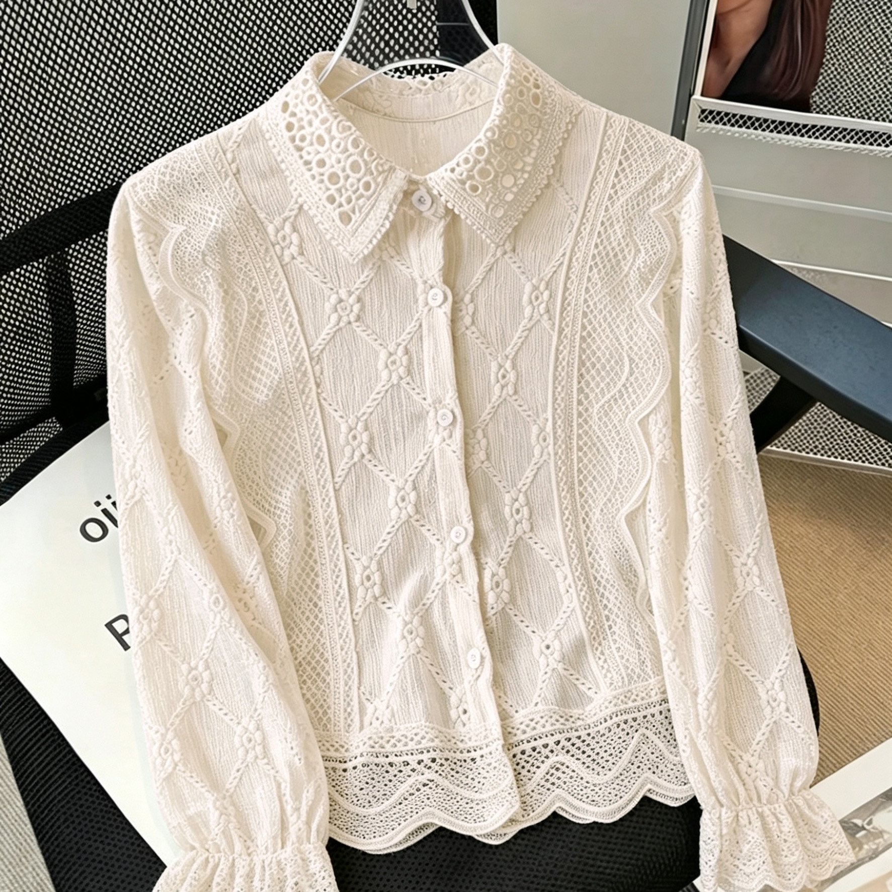 TEMU Chemise à en dentelle ajourée, ourlet à volants , manches cloche à volants, chemise courte