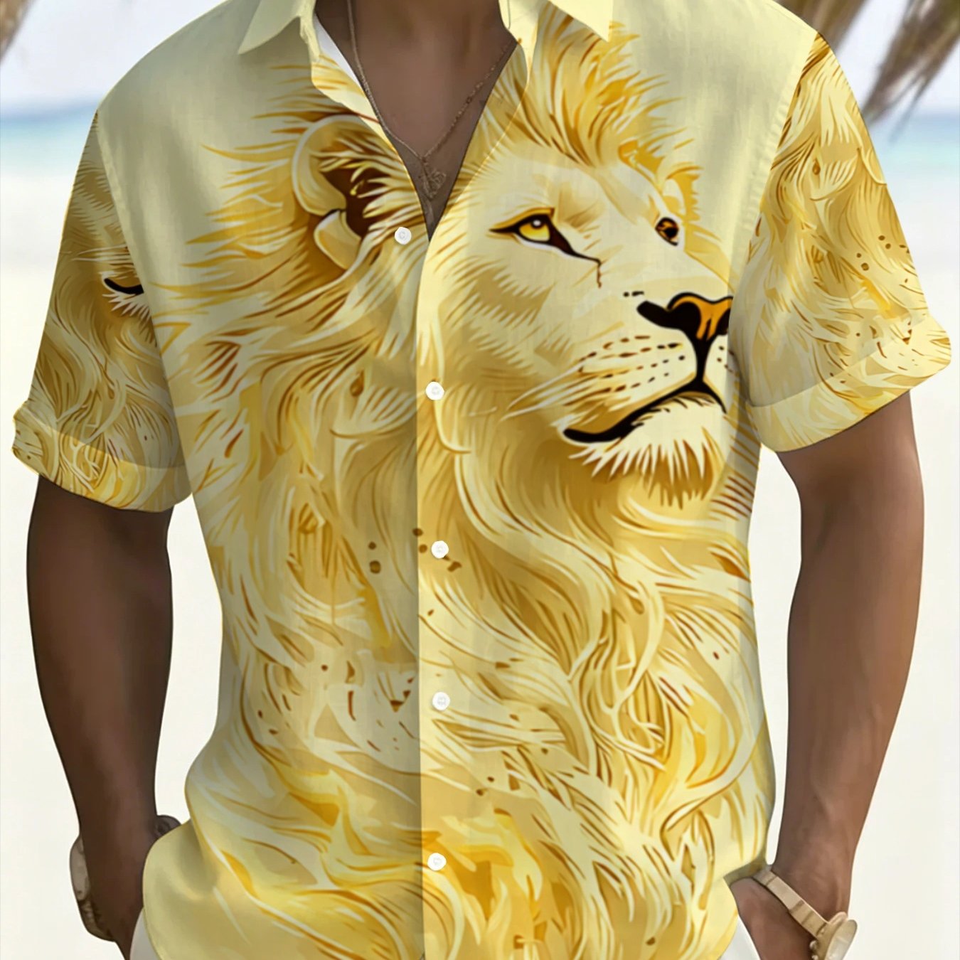 TEMU Men's Yellow Lion Print Short-sleeve Shirt, Summer Casual Beach Shirt, Lightweight Breathable Collar Top, Plus Size