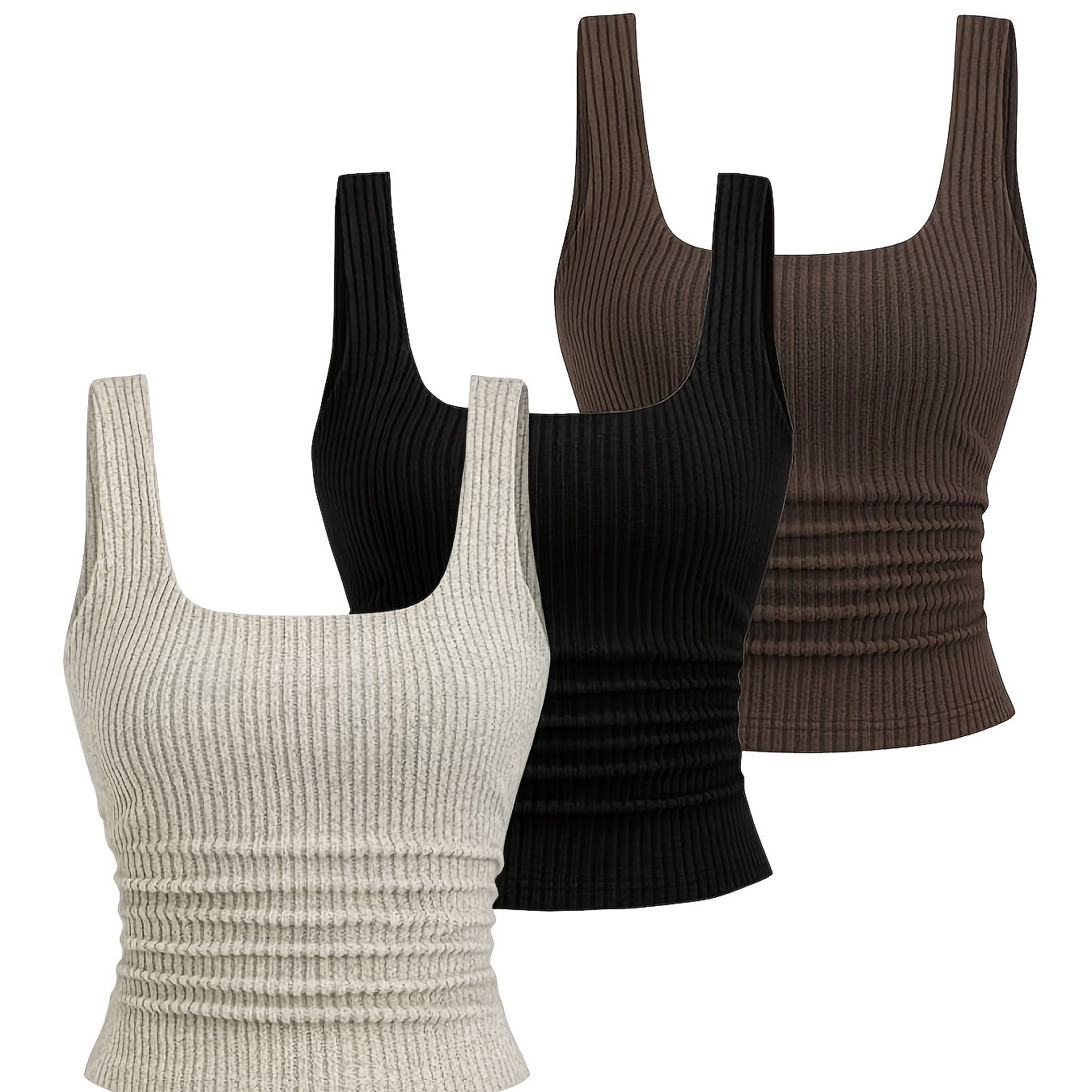 TEMU Three-pack Women's Ribbed Breathable Tank Tops, Summer Outdoor, S, Vacation Fashion Solid Color Tops