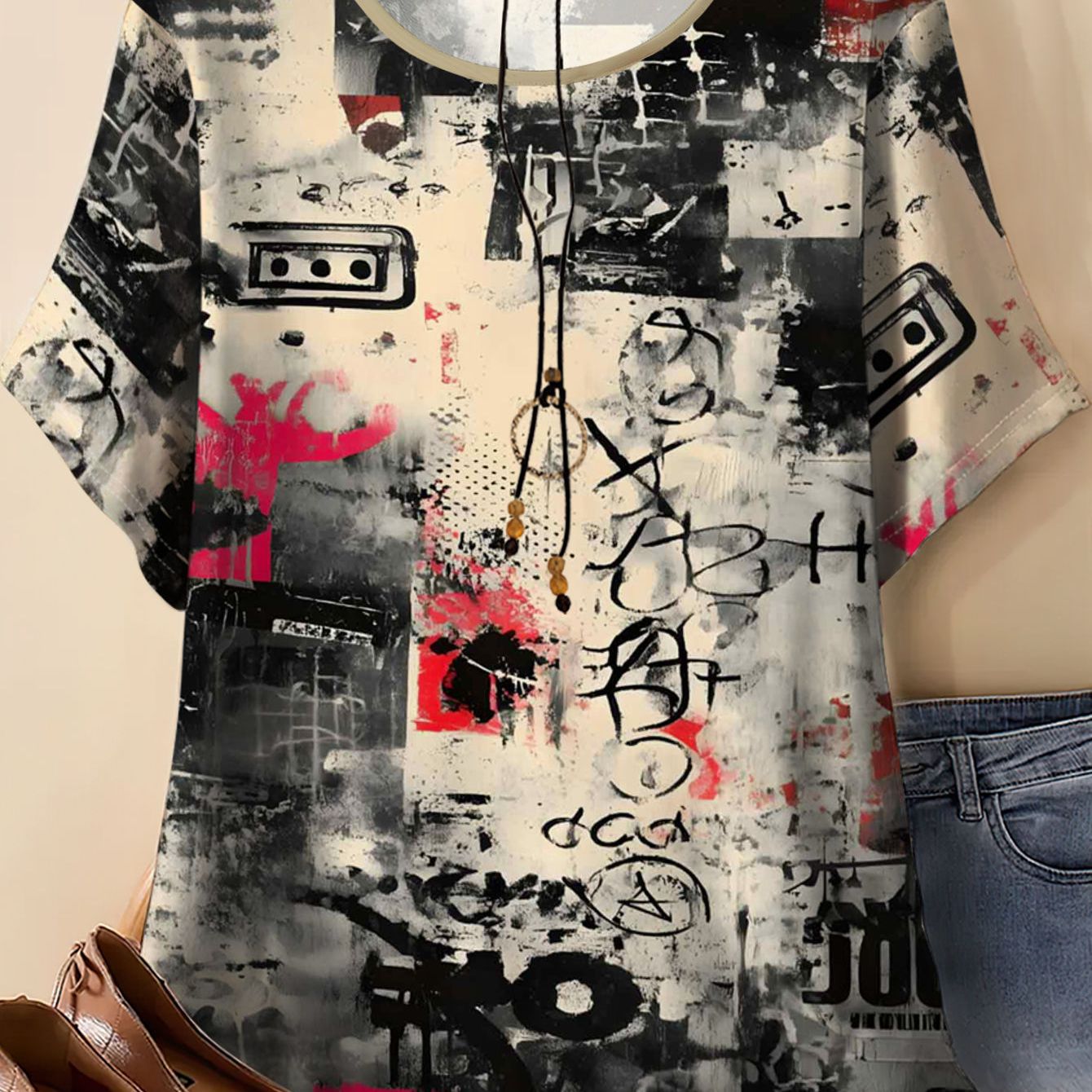 TEMU Women's Plus Size Vintage Full-body Abstract Print Oversized T-shirt - Short Sleeve Round Neck Summer Casual Blouse, Loose Fit For Beachwear &