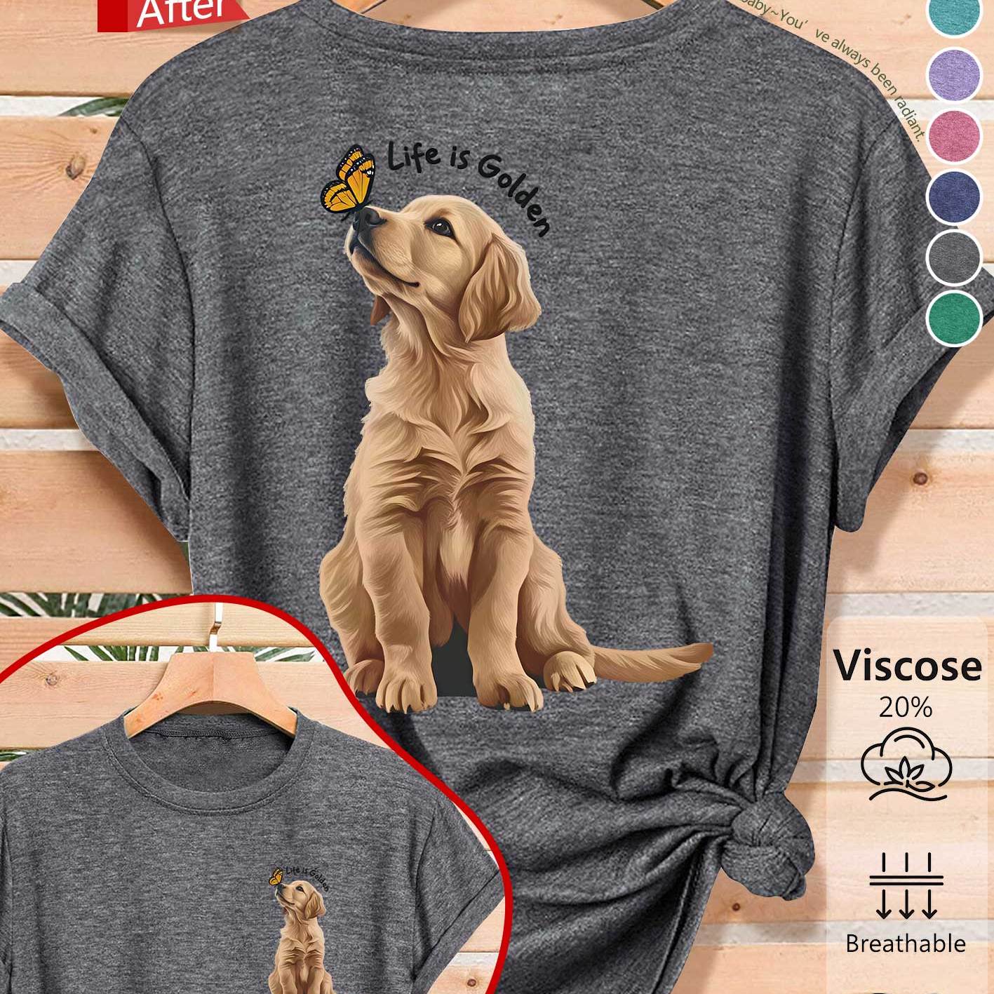 TEMU Summer New T-shirt Women Realistic Golden Retriever And Double-sided Print Daily Street Vacation Summer Outing Wear Spring Summer Autumn Elegant