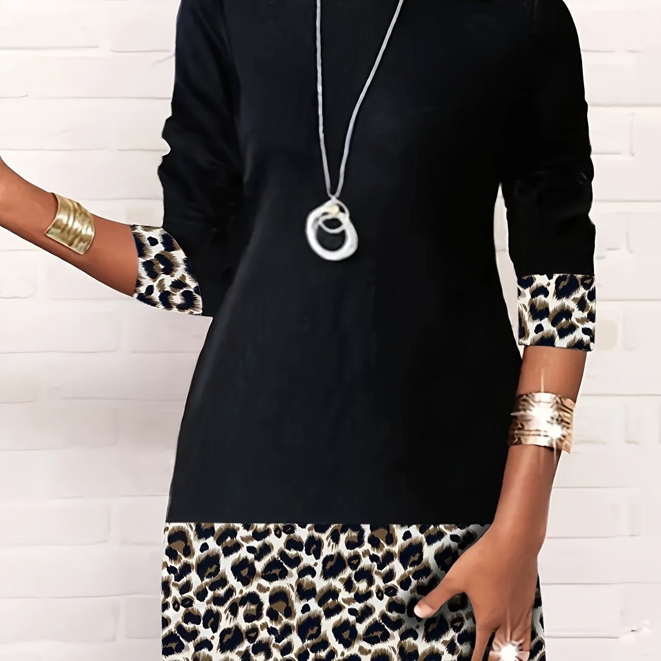 Fashion Leopard -block Long Sleeve Round Neck Women's Dress
