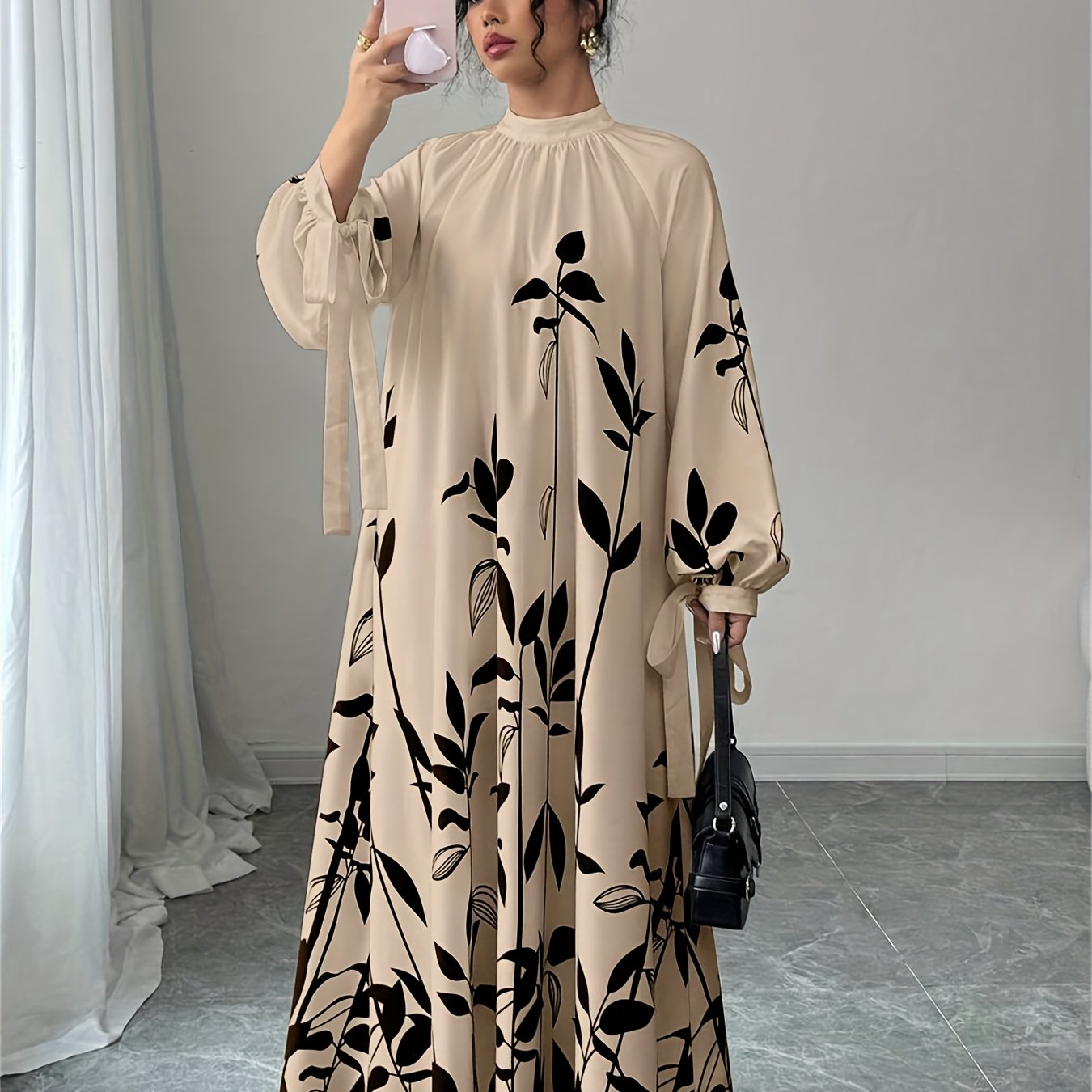 E-shop Damen Elegantes Maxikleid mit Pflanzenprint hohem Kragen – Langkleid, maschinenwaschbar, geeignet für Hochzeiten, Partys, Frühling/Herbst-Events