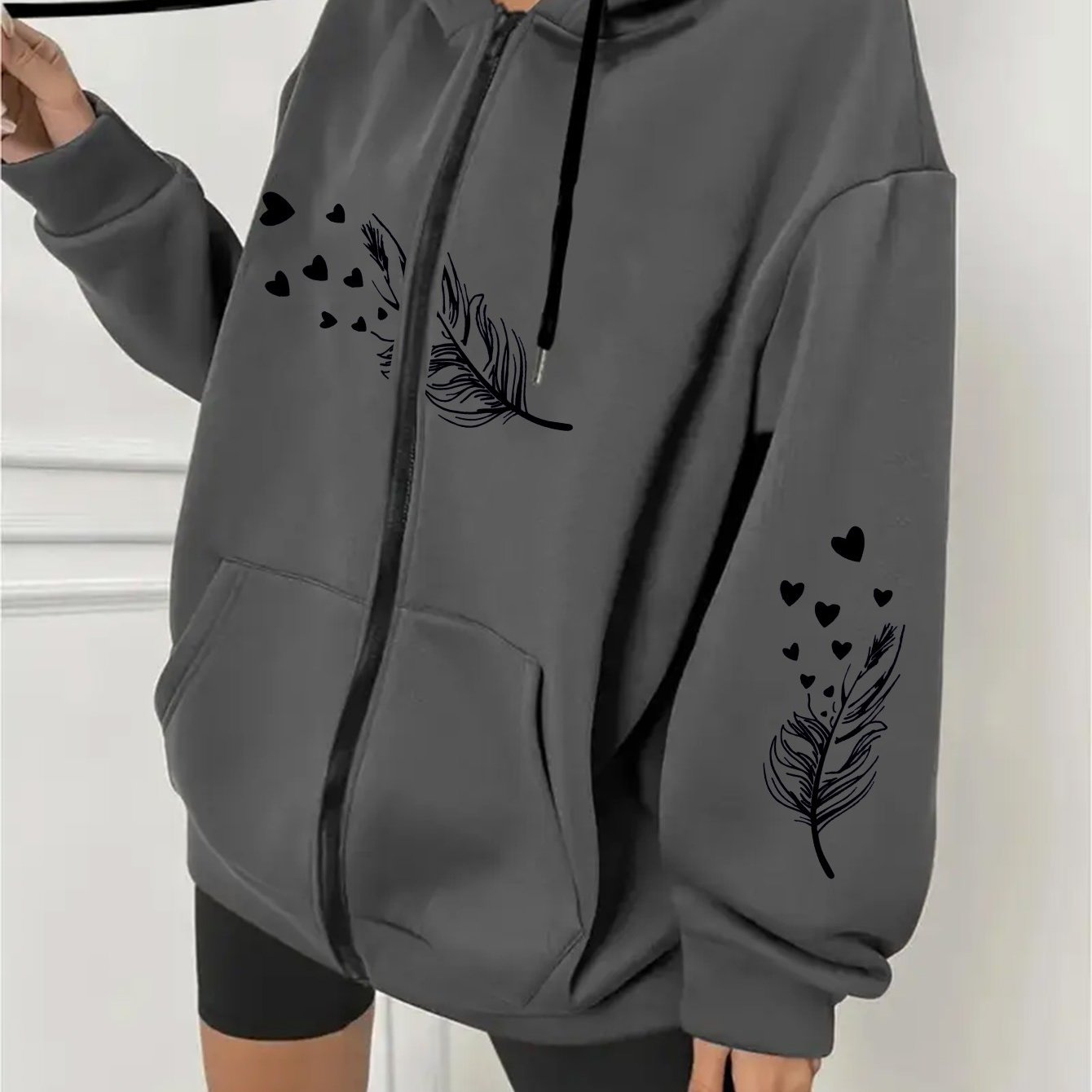 TEMU Plus Size, Women's Plus-size Casual Zip Hoodie With Print And Print Pattern On Chest And Sleeves, Machine-washable Hooded Jacket, Long-sleeved