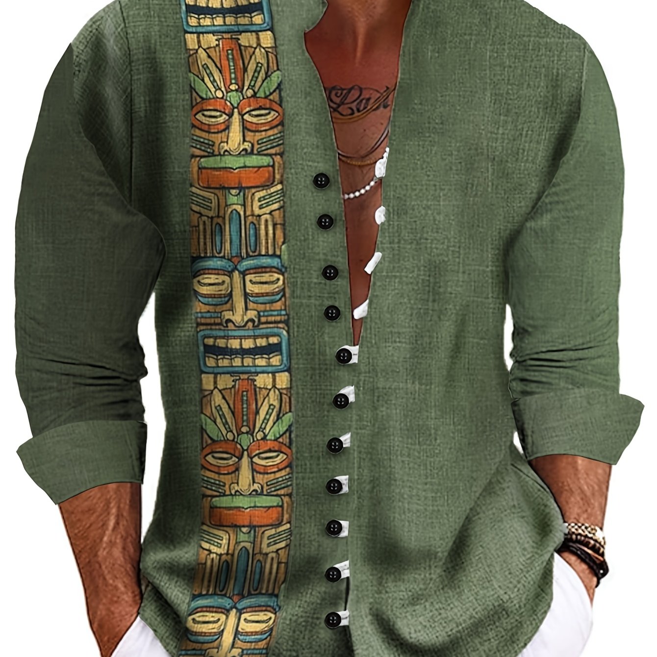 Image of Christmas, Halloween, Party, Men's Fashion Print, Green Casual Ethnic Pattern Print, Casual Gathering, Evening Holiday, Stand Collar Long Sleeve Outerwear Outdoor Shirt