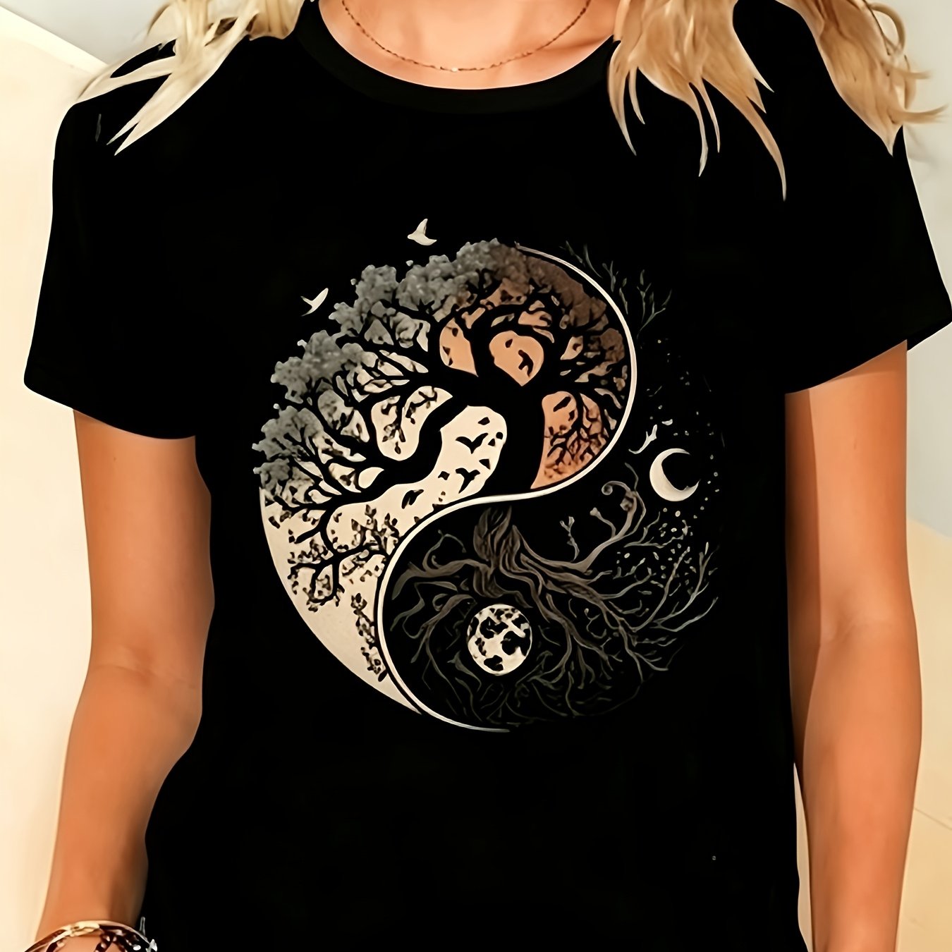 TEMU Women's T Elegant Yin Yang Tree Of Soft Stretchy Fabric Casual Top Suitable For Daily Leisure And Regular Use-unisex Holiday Gift Casual Outing