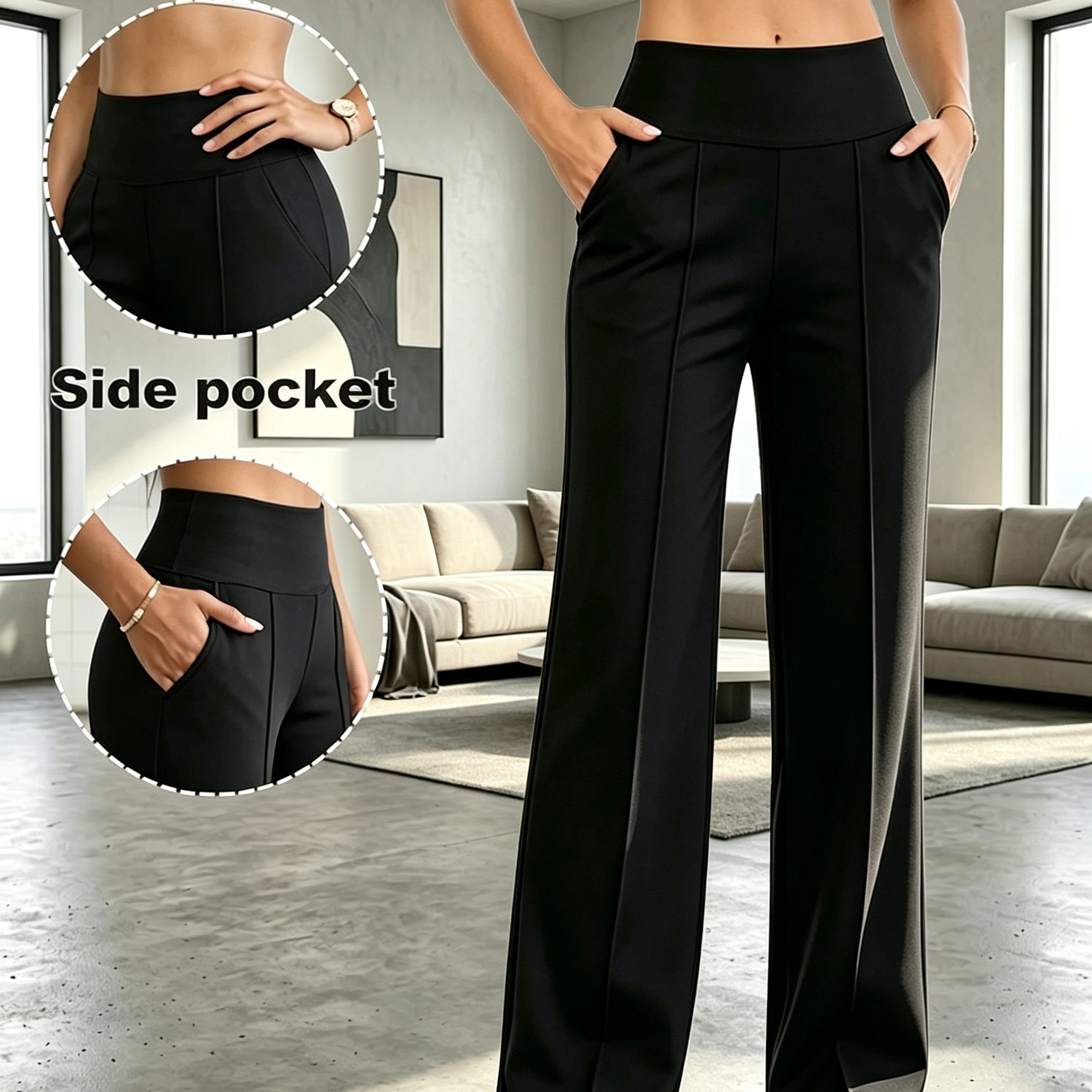 Image of Women's High-waist Tummy Control Flowy Wide-leg Pants, Soft And Skin-friendly Yoga And Athletic Pants, Straight-leg Trousers With Pockets For Commuting And Casual Wear