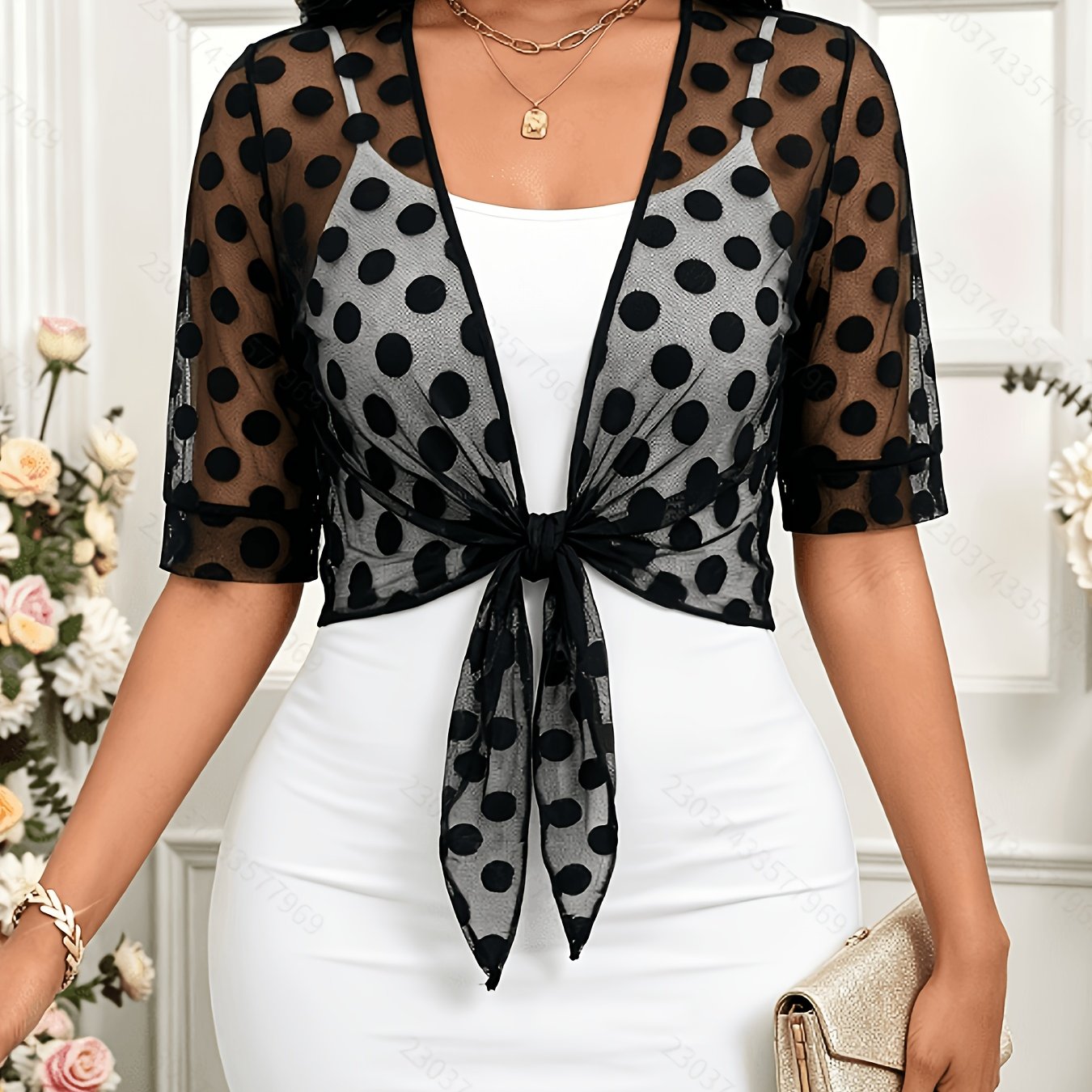 TEMU Châle-cardigan d'été 2026 en à noirs pour femme, veste courte à col en V, manches mi-longues et nœud , vêtement d'extérieur vintage en dentelle