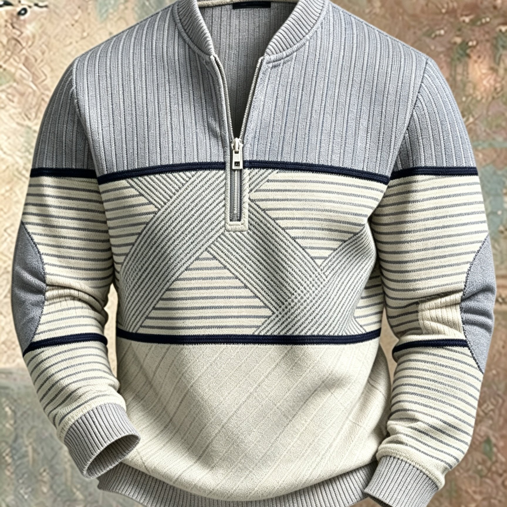 TEMU Homme Automne Hiver Col Demi Zippé Sweat à Manches Courtes Rétro Color Block Rayures Style Description Mode Polyvalent avec Design Avancé Unique