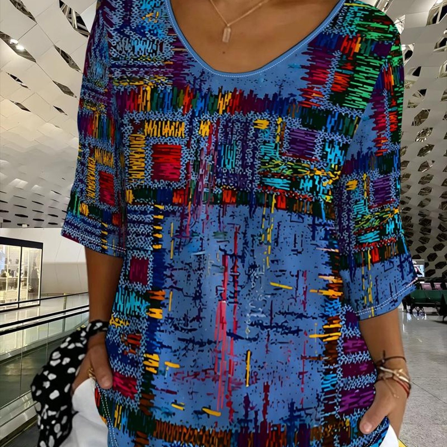 TEMU Plus Size, [printed Design - Not Textured] Plus-size Women's Colorful Abstract Pattern Top, Available In Multiple Sizes, With A Dynamic And