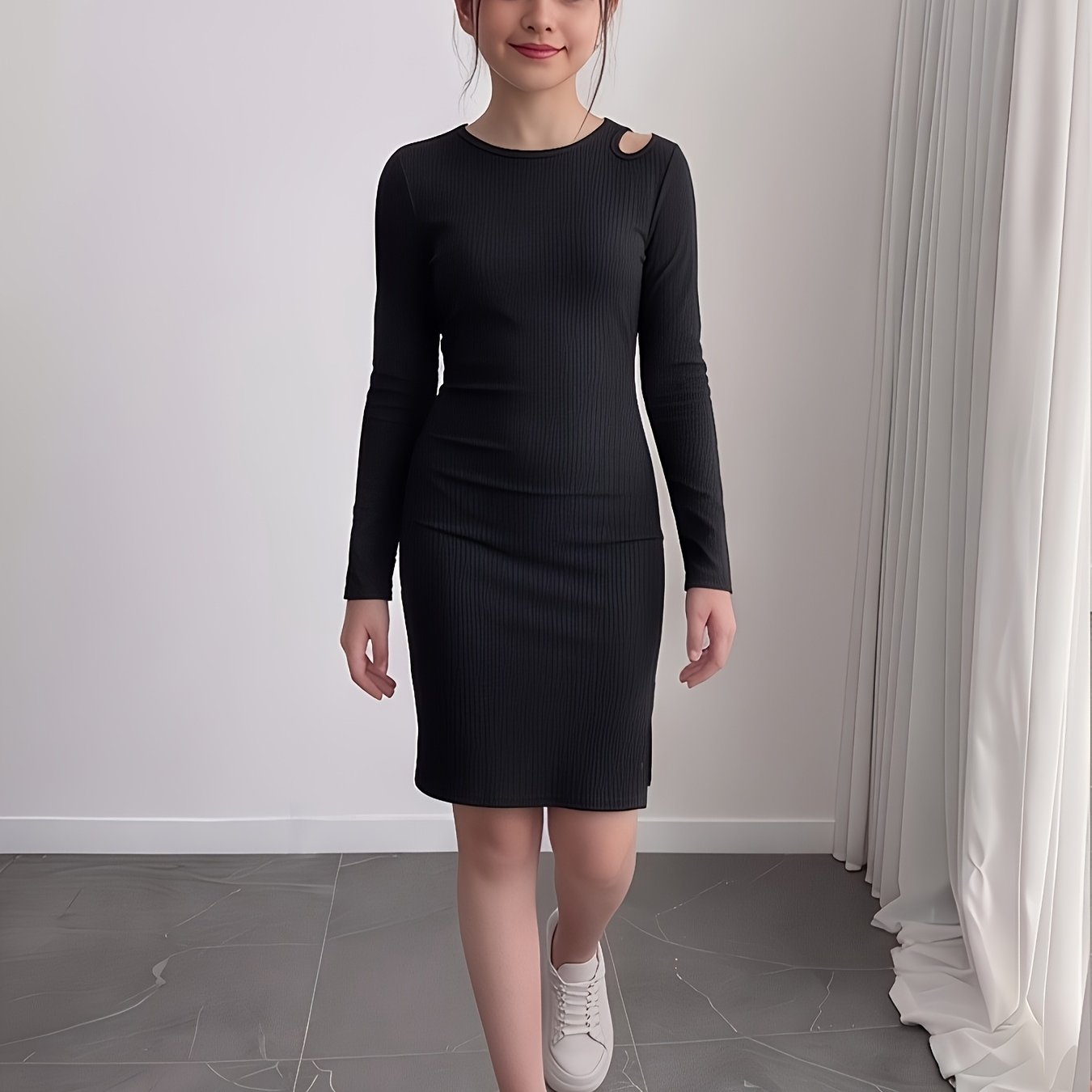 Image of Girl's Knitted Solid Color Pleated Slit Hem Round Neck Long Sleeve Dress, Made Of Comfortable Fabric With A , Suitable For Daily Casual Wear And Weekend , A Thoughtful Everyday Gift