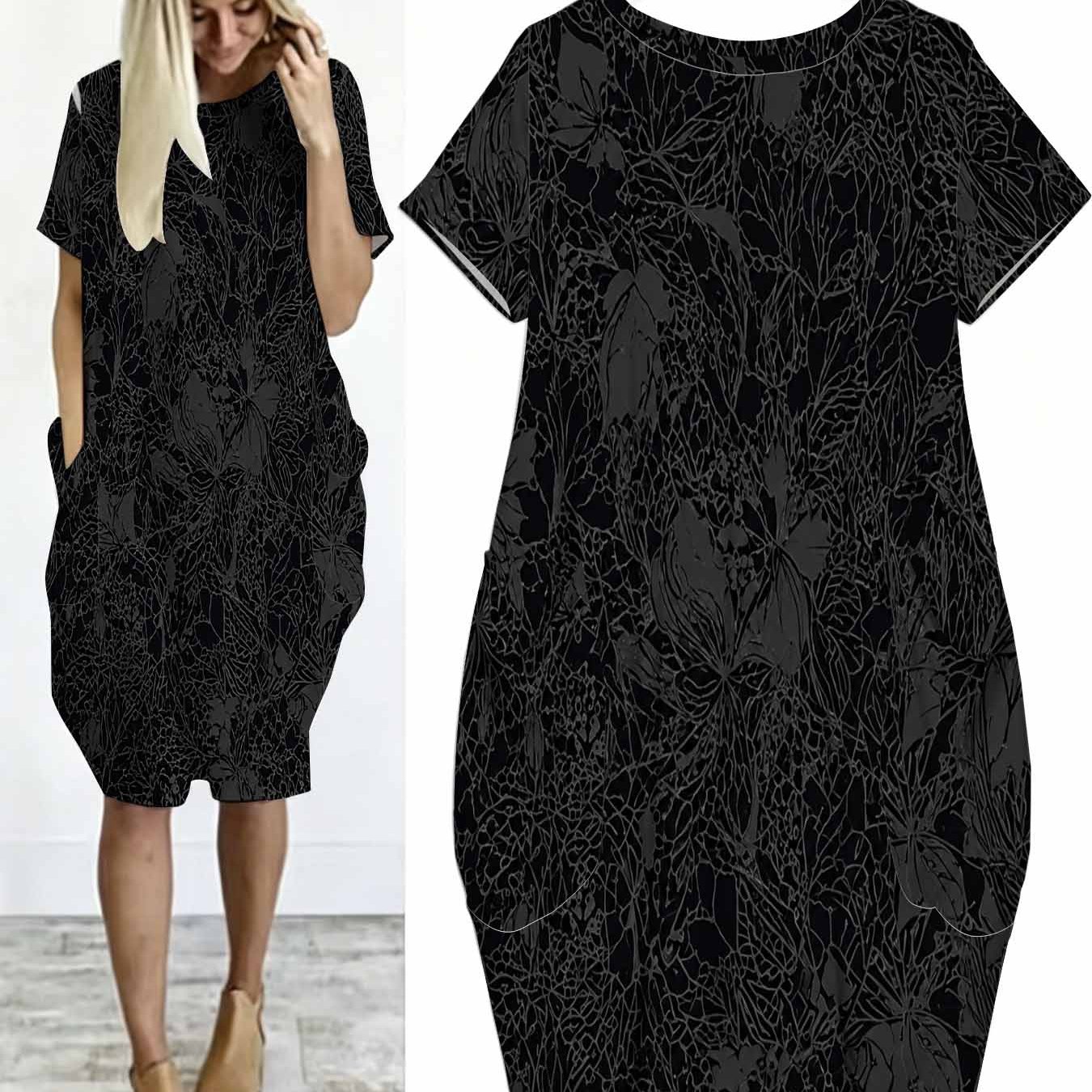 Image of Plus Size, Women's Plus Size Gothic Elegant Tunic Dress - Short Sleeve Round Neck Midi Dress With Pockets, Loose Fit Fabric Suitable For Casual, Office & Semi-formal Wear, Machine Washable Dress