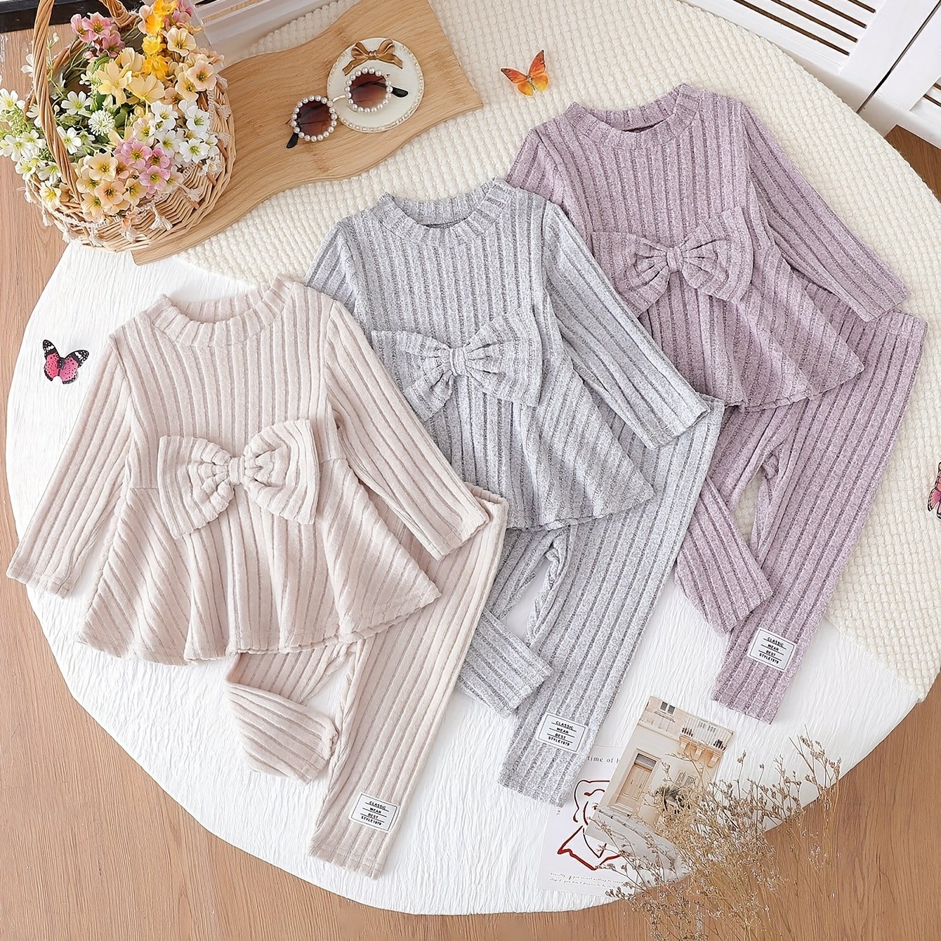 Image of Cute Baby Pants Set, Infant Fall Winter Bow Striped Baby Outfit 6pcs Set, Suitable For Baby Outdoor Wear, Easy Elegant Sweet, Soft Casual Comfortable, Back To , Outfit, Back To Outfit, Easter Clothing
