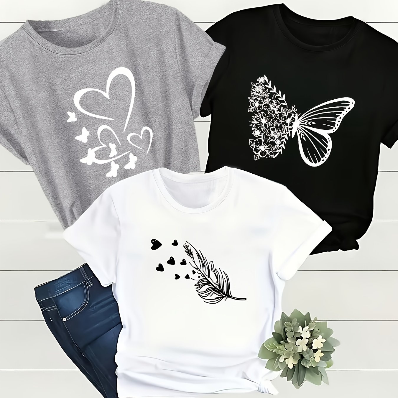 Image of 3 Women's Stylish Heart-shaped And Print T-shirts - Perfect For Casual Summer, Vacations, And Everyday Wear, Featuring A Round Neck And Short Sleeves, Made From Stretchy Fabric
