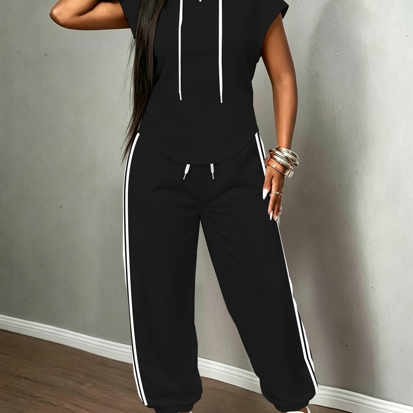 TEMU Plus Size - Autumn And Winter Plus Size Women's Casual Set, Hooded Drawstring Sweatshirt With Striped Drawstring Long Pants Two-piece Set,