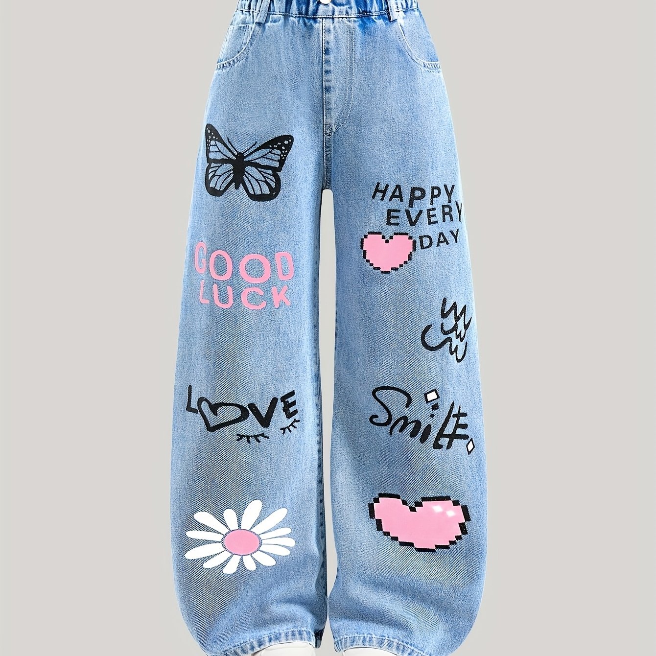 Image of Girls' Jeans, Mid-to-large Size Pants, Girly Y2k Style, Floral, Heart, , Love Pattern Fashionable Versatile Straight-leg Jeans, Mid-waist Style, Elastic Waistband, Wear, Back-to-school Long Pants