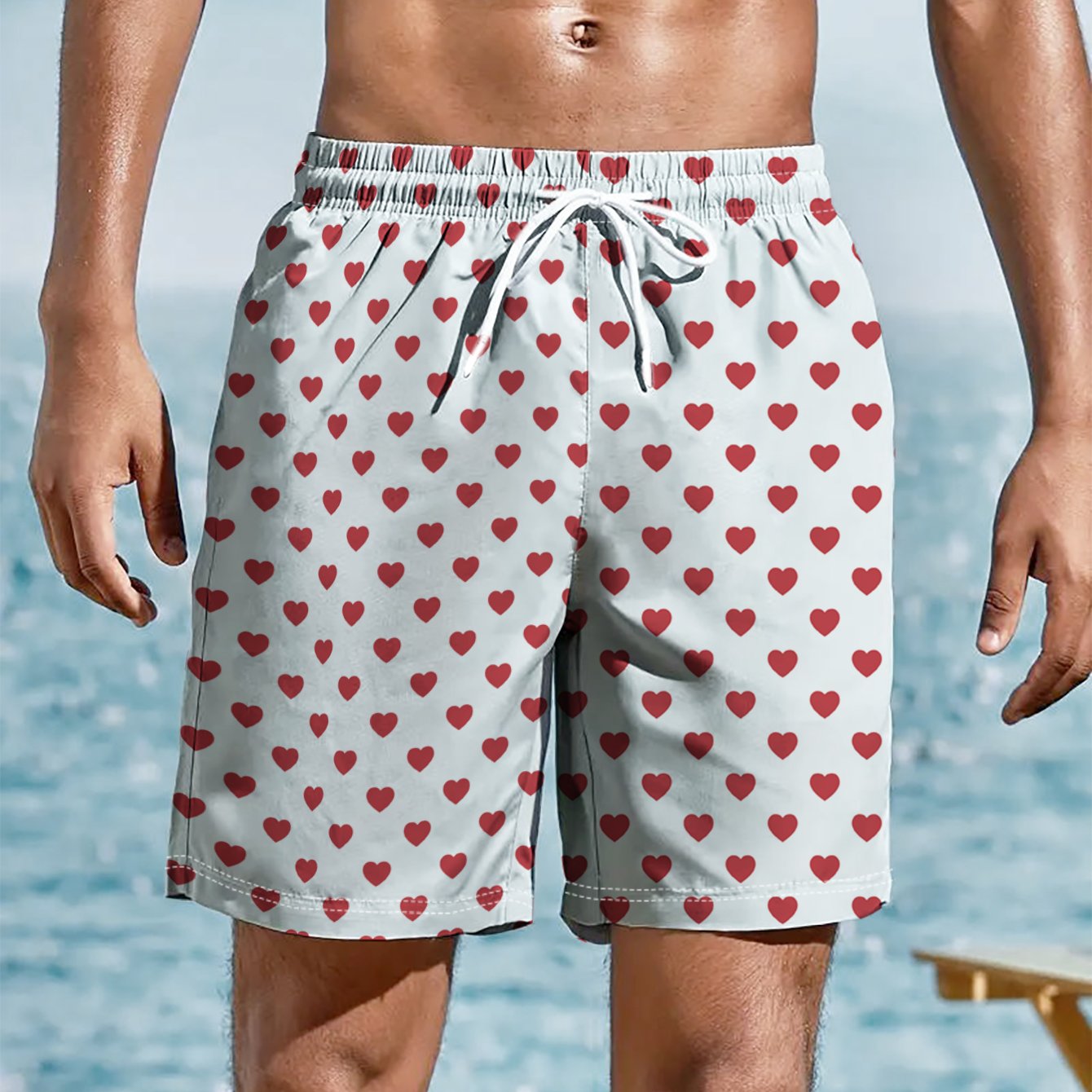 TEMU Men's Beach Shorts - Flat Pattern - Plain - Red Heart Accents On White Background, Summer Beach Swim Shorts With Elastic Waistband, Drawstring,