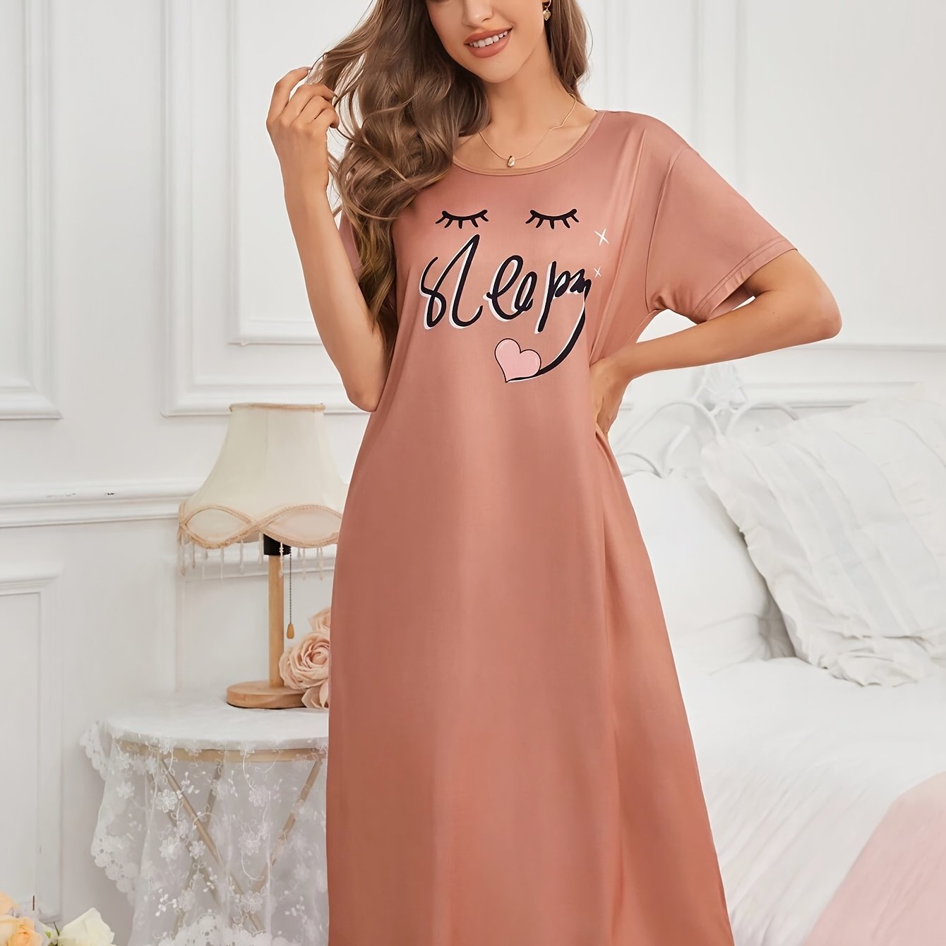 TEMU Women's Nightdress Short Sleeve Sleep Dress With ////o/ Letter Print & Eyelash Dress Part - Round Neck Nightgown, Machine Washable Pajama Dress