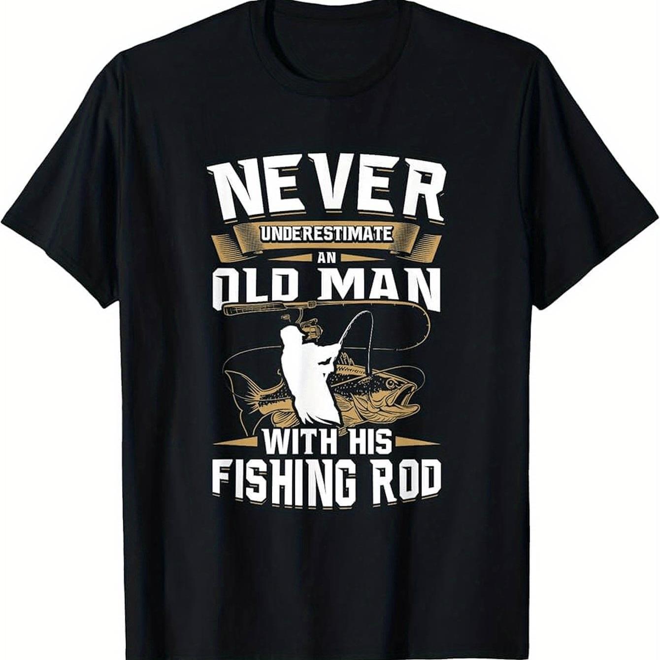 TEMU Men's T-shirt, Never An Old Man With A Rod - Golden Pattern Print, Short Sleeve Casual Round Neck Tee, Suitable For , Ideal Gift For And Dads