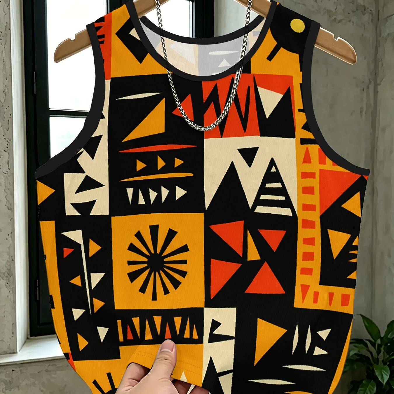 TEMU Men's Casual Sports Vest Color Tribal Geometric Fabric Made Of Mesh Fabric, Comfortable, Soft And Breathable, Ideal For Outdoor Sports And Daily