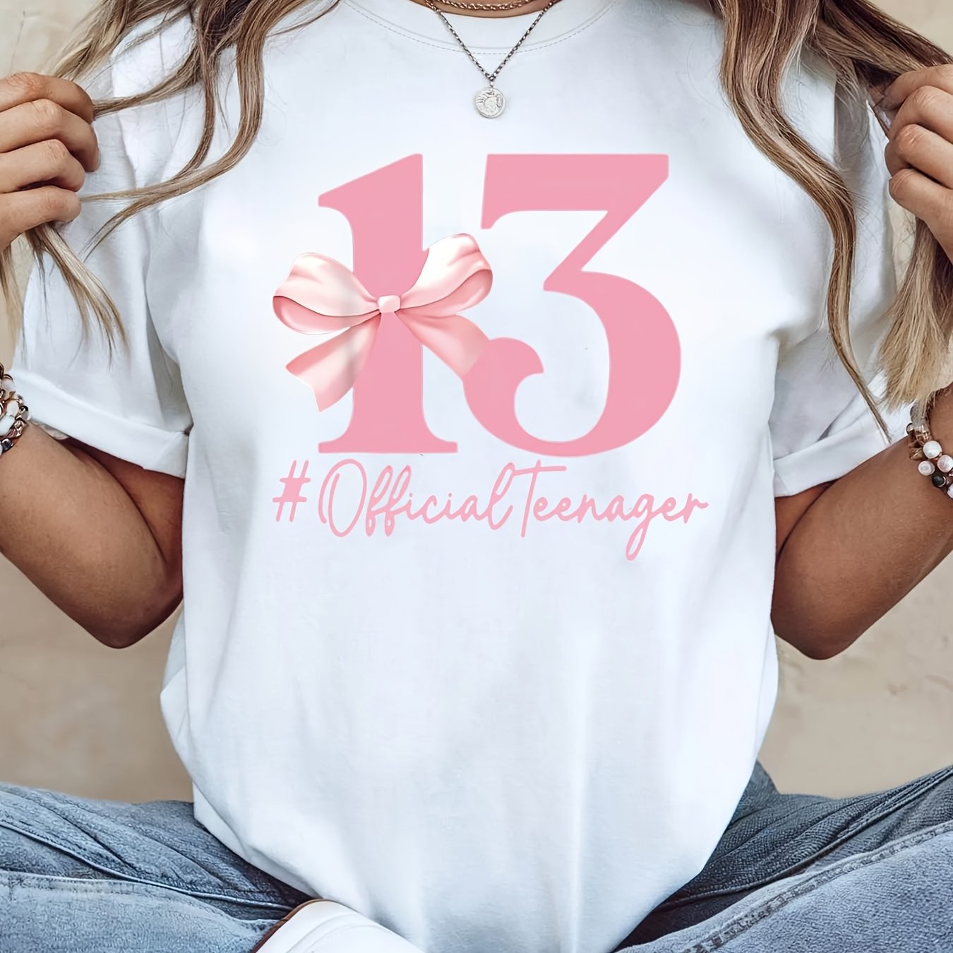 TEMU Women's 13th Official Theme T-shirt - Bow & Number Slogan Decor Casual Short Sleeve, Pink-white Sweet Fresh Birthday