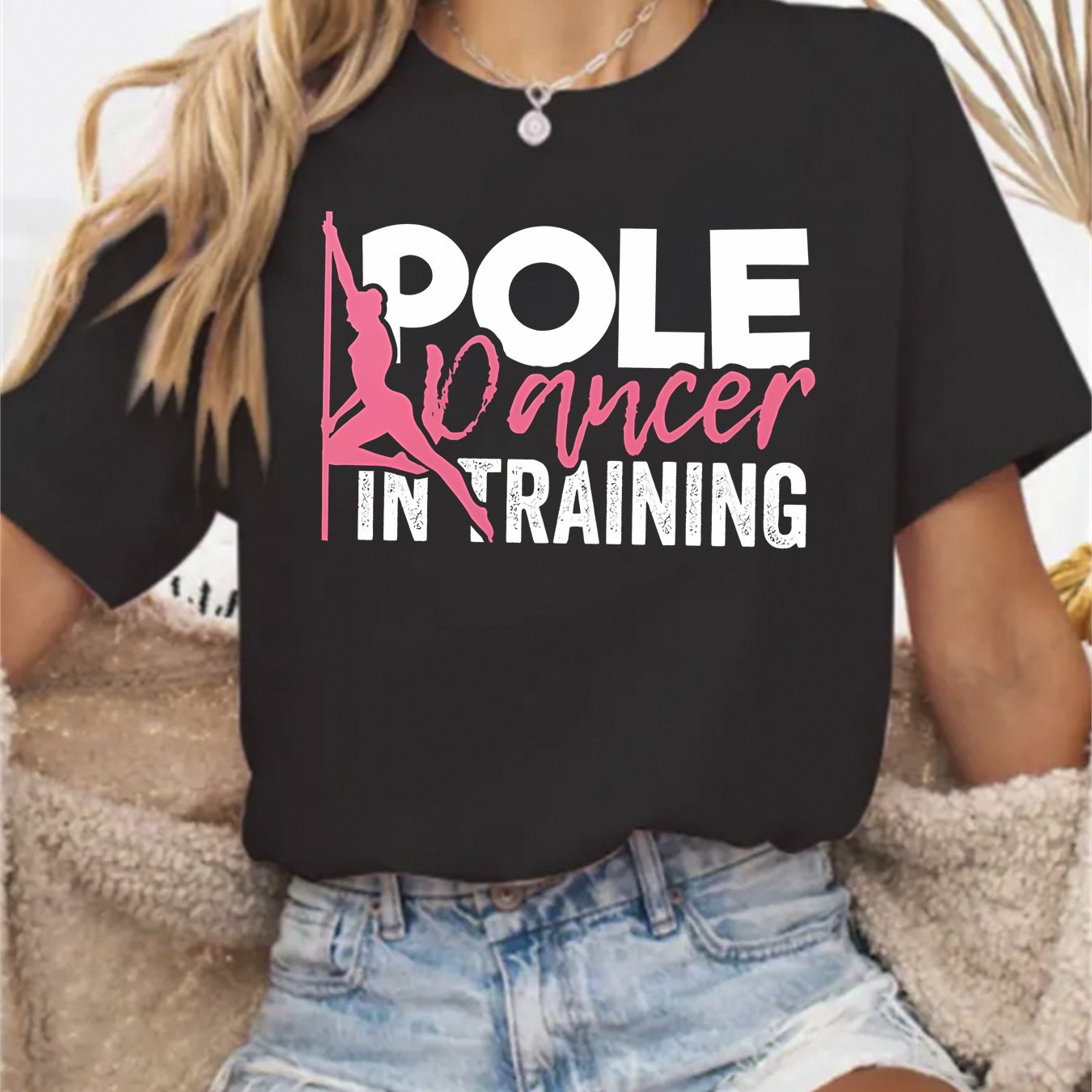 TEMU Women's Pole Dance Training T-shirt - Stretchable Round Neck Short Sleeve Top With Dance Print, Suitable For Classes & Casual Athletic Wear