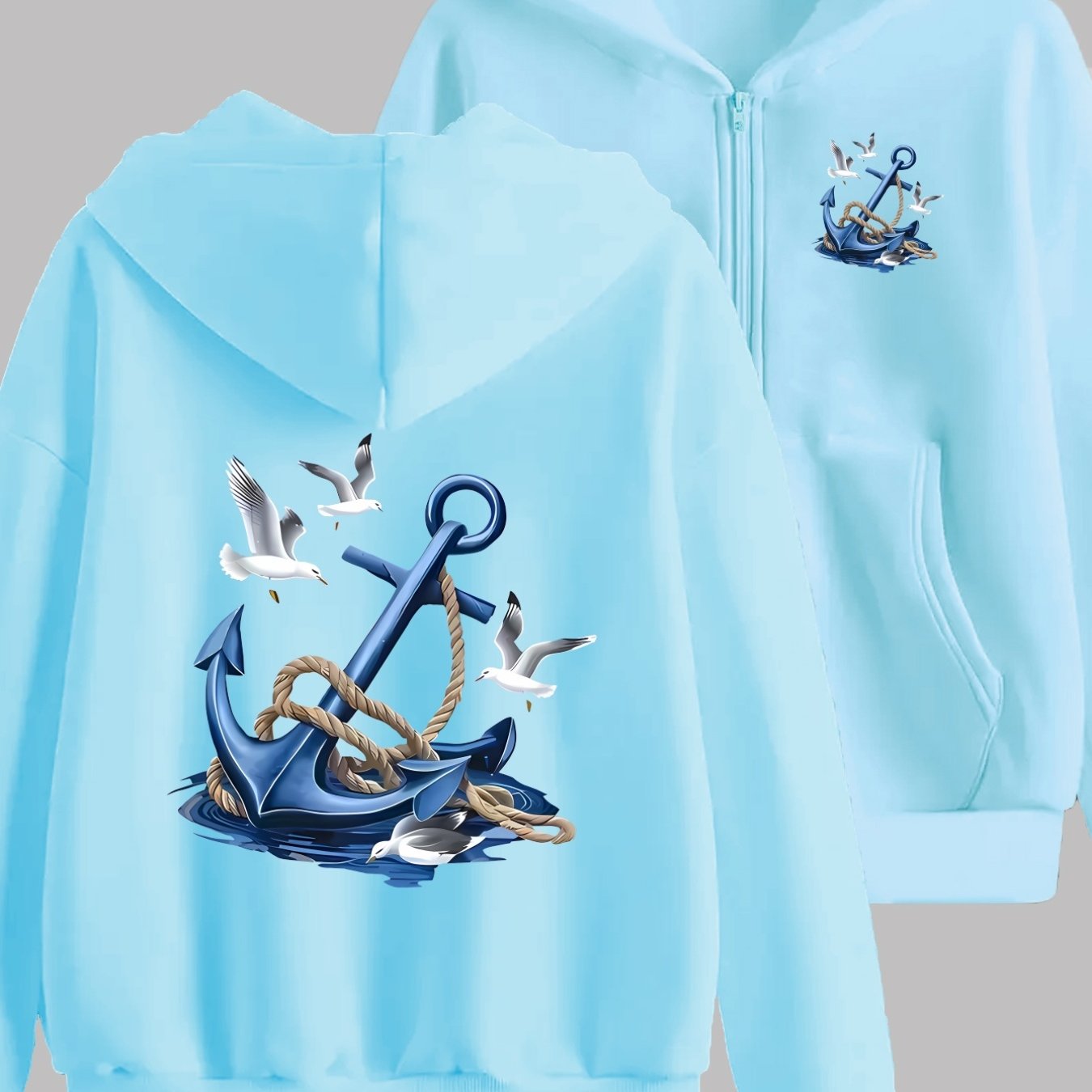 TEMU Nautical Anchor And Seagull Pattern Print Design On Front And Back - Y2k Zip-up Hoodie - Fashionable And Comfortable Zip Jacket - Casual