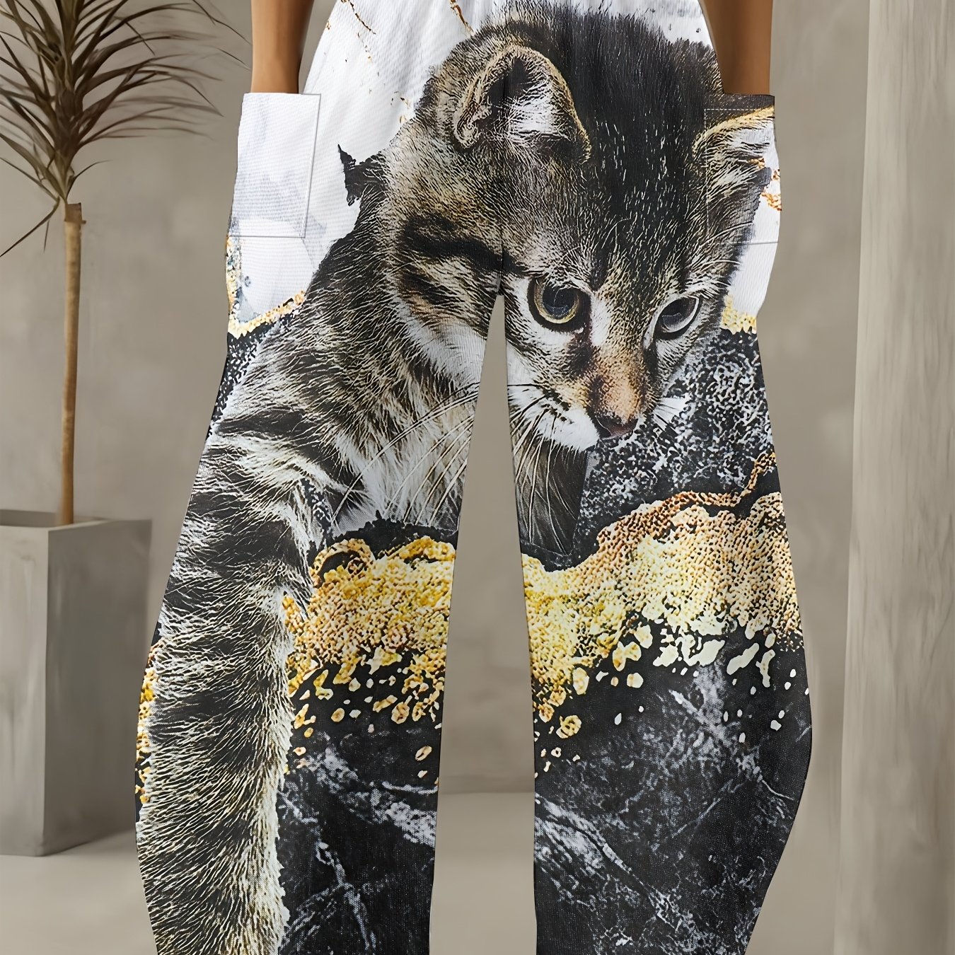 TEMU Plus Size Women's Black, White, And Pattern Kitten Print Loose Wide-leg Pants, Skin-friendly Fabric, Casual Leisure Style By Xiang Rongxin