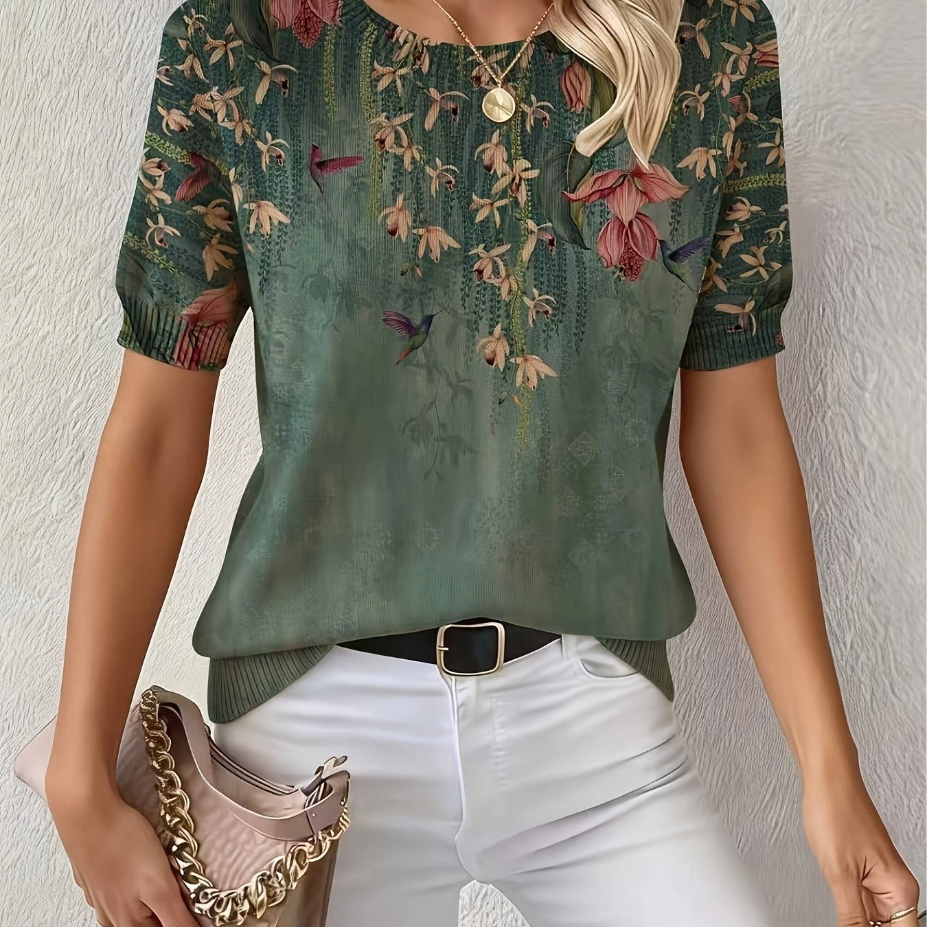 TEMU Spring Summer Versatile Wind Short Sleeve Pullover, Women's Summer , Round Neck , Printed Untextured Durable, Festive Atmosphere , Size Error