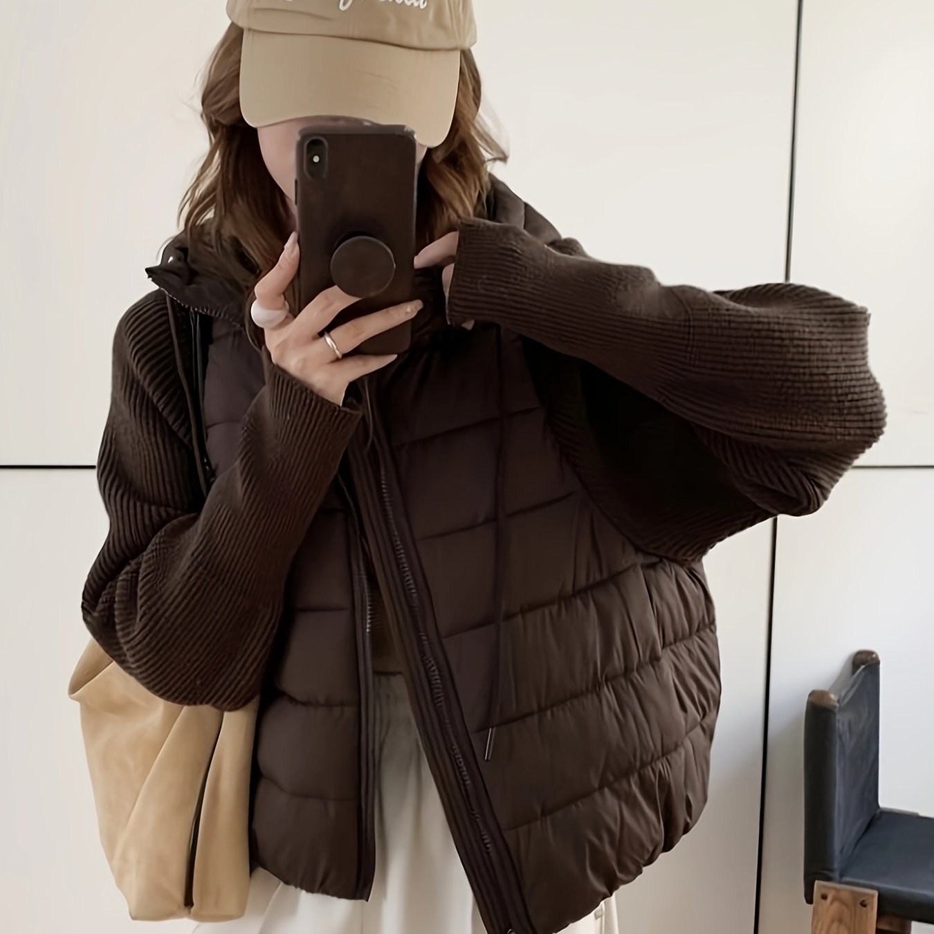 TEMU giacca da donna /inverno 2 in 1 con patchwork a maniche, cappuccio, imbottita, stile e , trapuntata orizzontalmente, e imbottita, capospalla