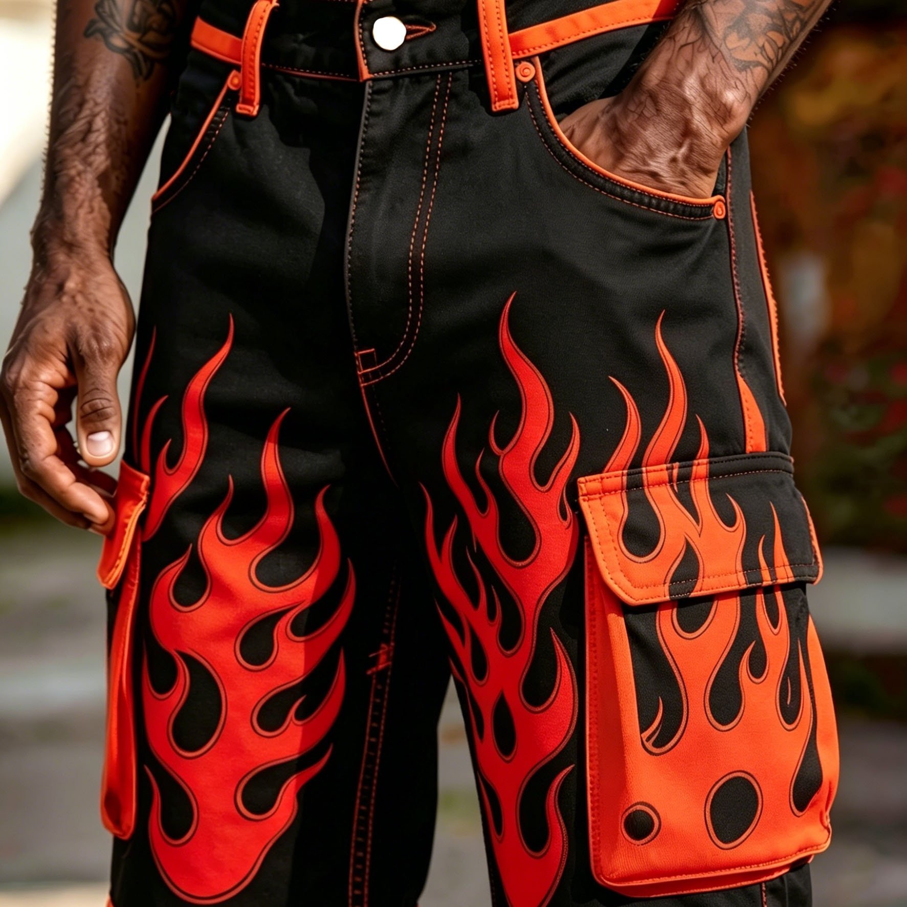 New Arrival Men's Belted Cargo Shorts No Belt Non Denim Fabric Comfortable And Breathable Flame Trendy Print For Daily Dating Outdoor Street Wear Men's Clothing Gift For Men, Plus Size