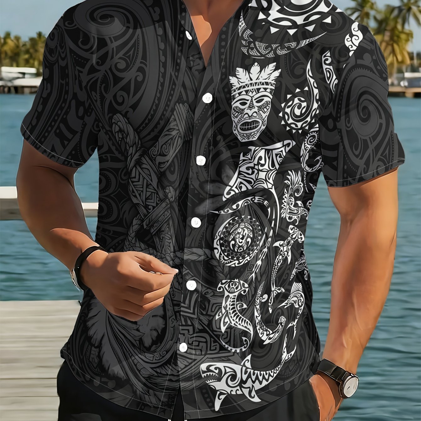 TEMU Men's Stylish Short-sleeve Shirt, Featuring A Black And White Polynesian Totem Print, Trendy Summer Outfits. It's A Casual Shirt For Everyday