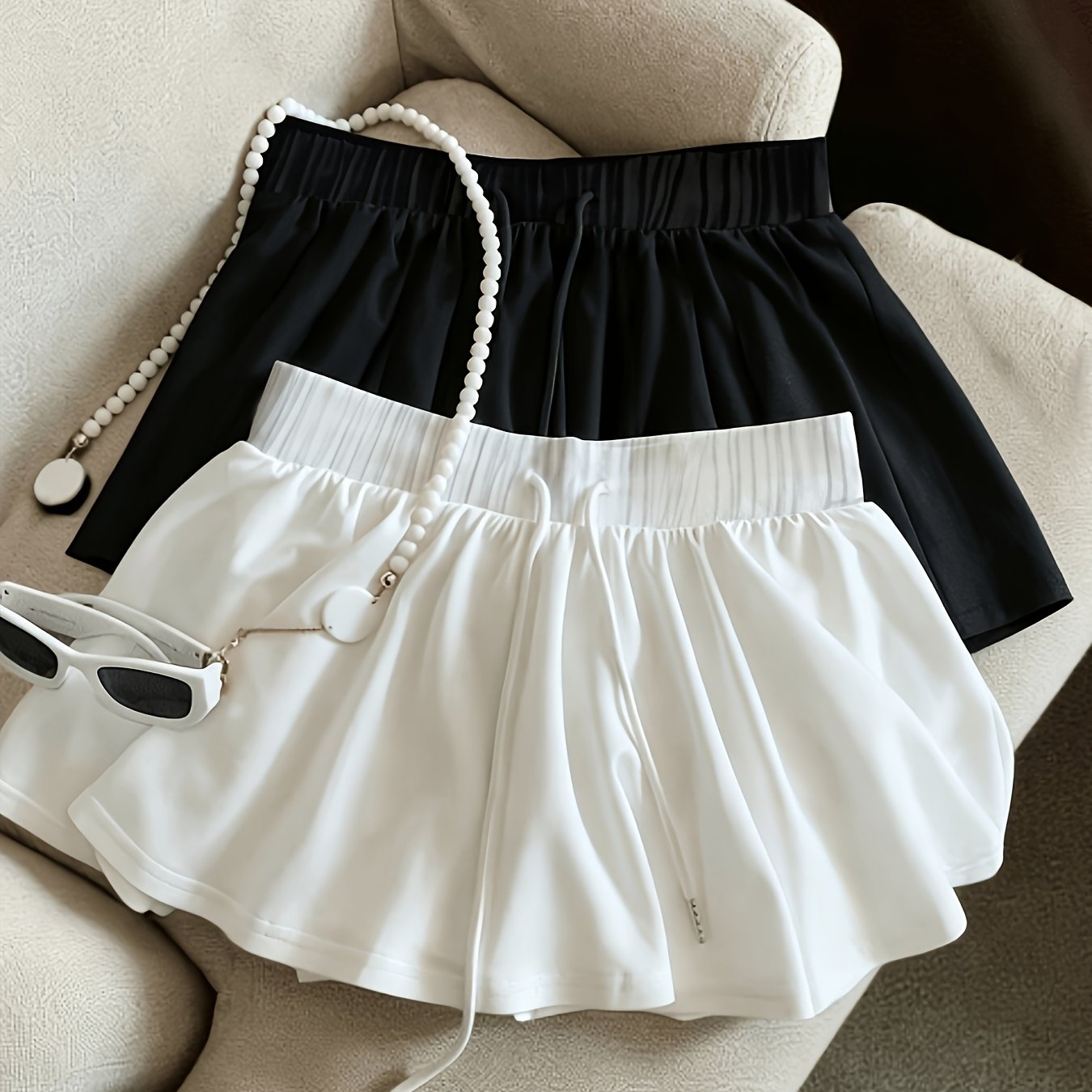 TEMU Y2k Solid Color Drawstring Waist A-line Short Skirt Pants, Spring Summer Set
