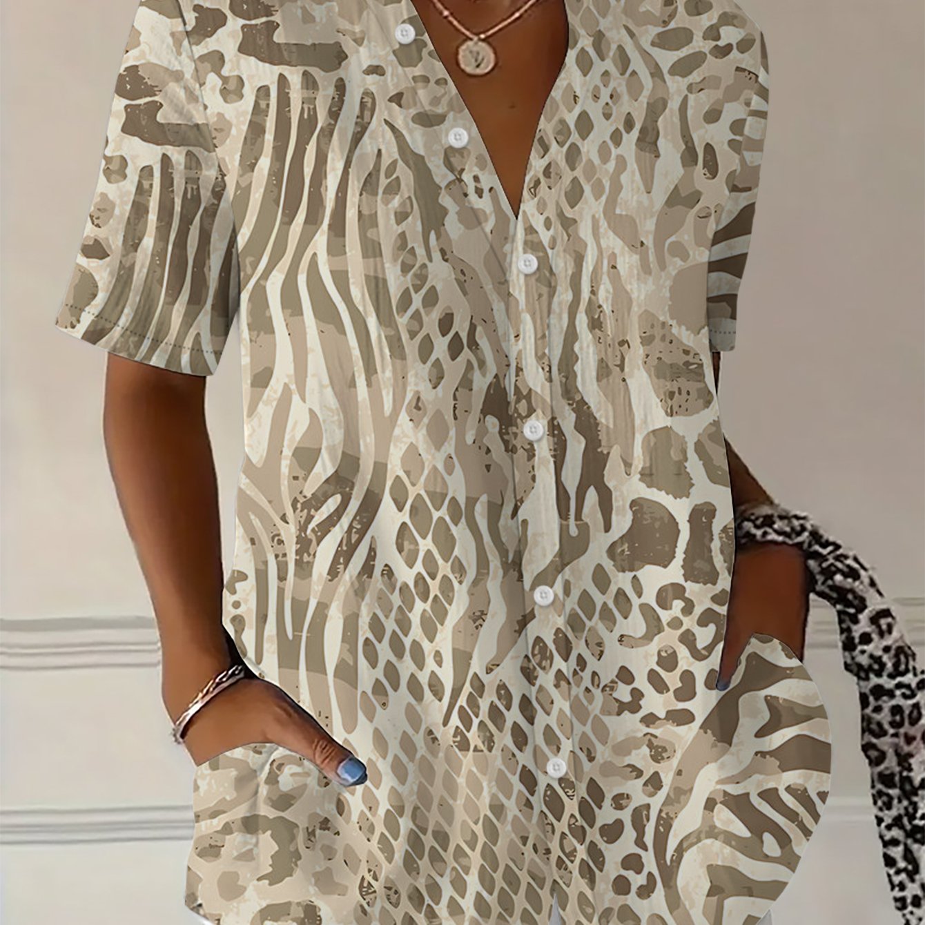 TEMU Plus-size Women's Shirt, A Loose And Versatile With A Simple And Elegant Leopard And Zebra Print Mixed Pattern. This Short-sleeved Women's Shirt