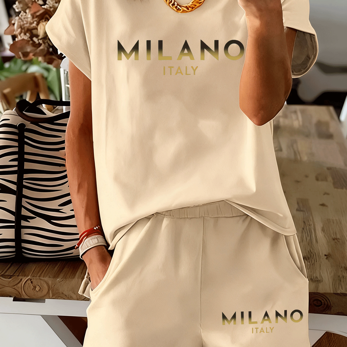 TEMU Golden Letter Print Short Sleeve T-shirt And Shorts 2pcs Set, Light Luxury Urban Style Casual Outfit, Comfortable Women's Fashion Clothing -