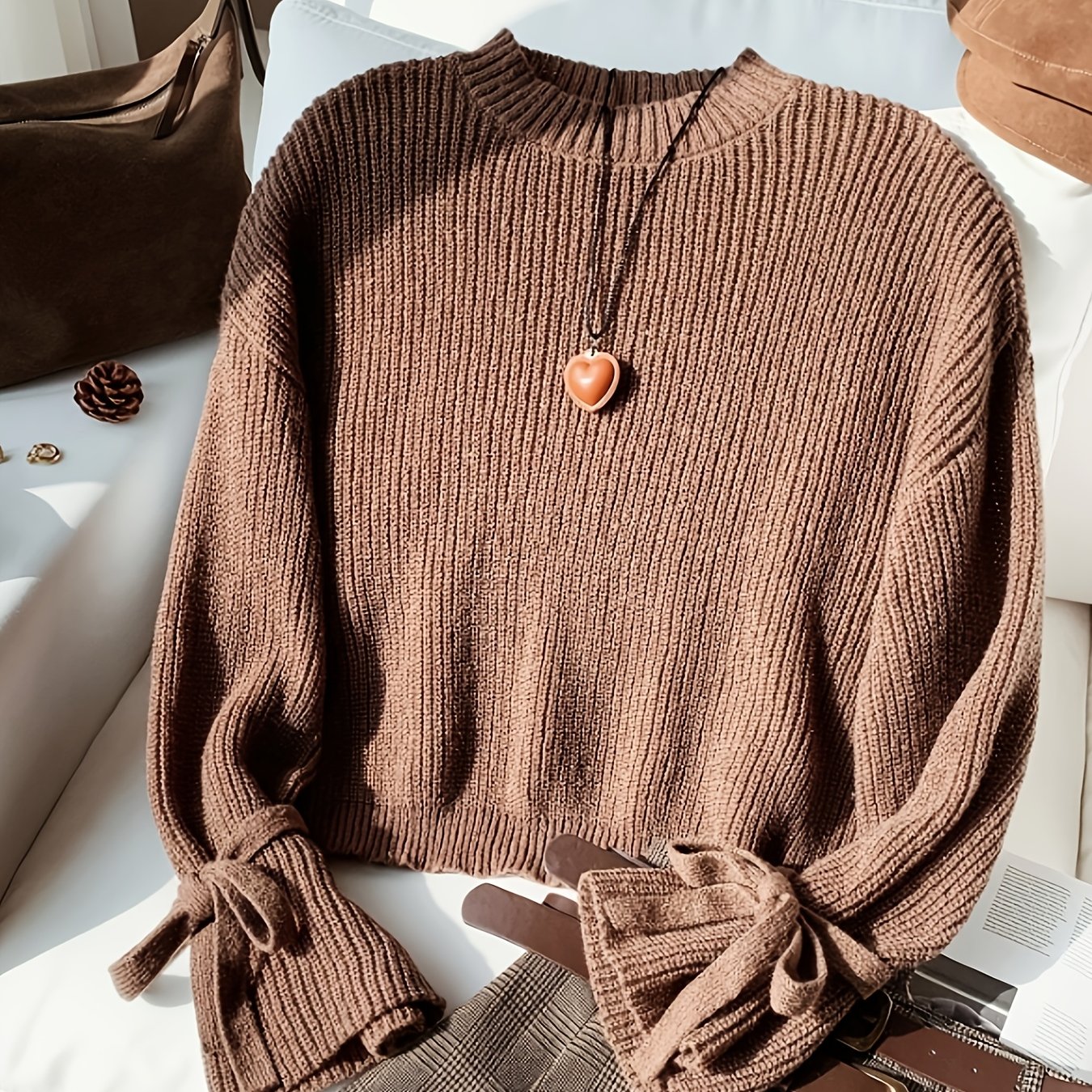 E-shop Pullover mit Schleifenmanschetten-Design, Rundhals-Pullover in Unifarben, Einfaches Vielseitiges Oberteil für Damen, Niedliche Damenbekleidung