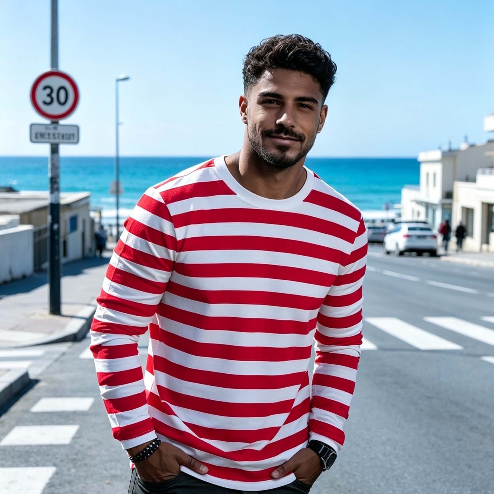 TEMU [printed Design – Not Textured] Men's Red And White Striped Long-sleeve T-shirt