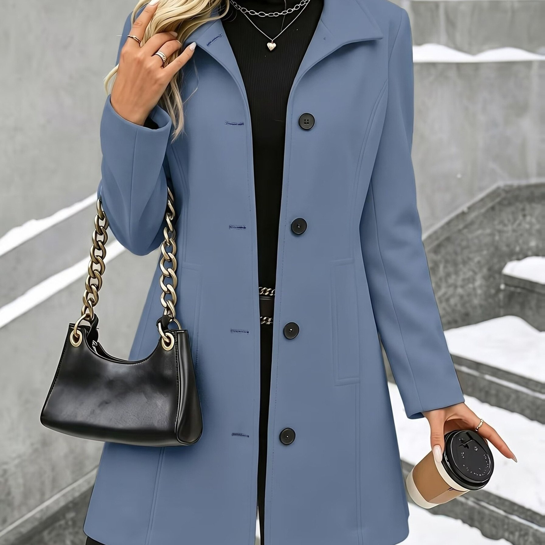TEMU Fashion Women's Elegant Tweed Coat Trendy Slim Solid Color Collar Tweed Overcoat